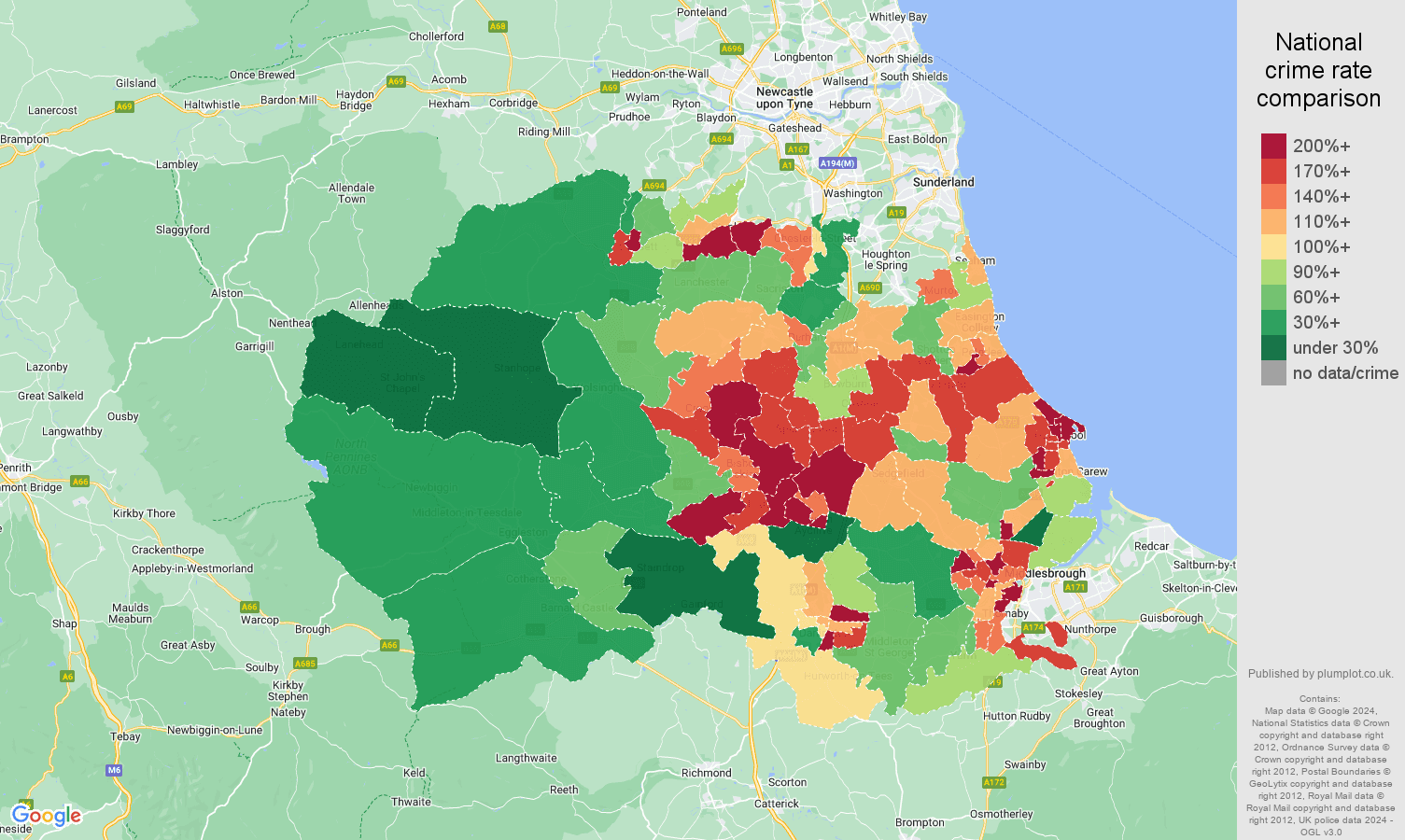 Durham county antisocial behaviour crime rate comparison map