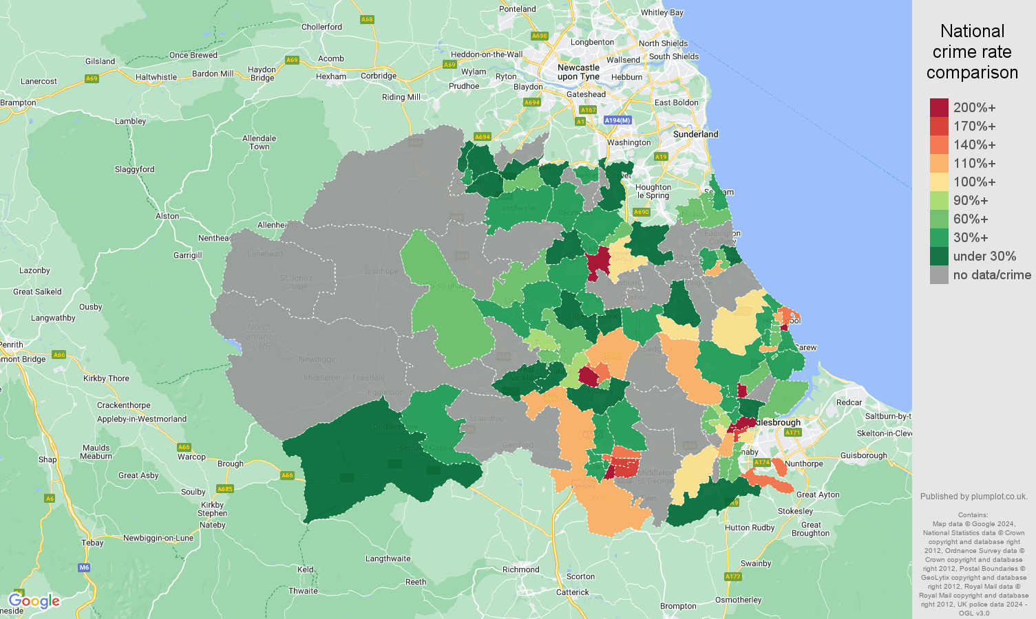 Durham county bicycle theft crime rate comparison map