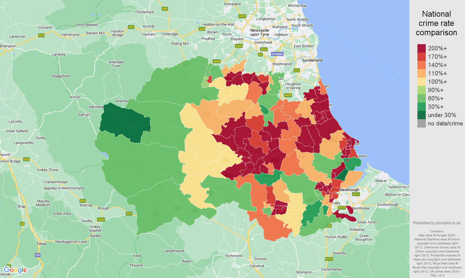 Durham county criminal damage and arson crime rate comparison map