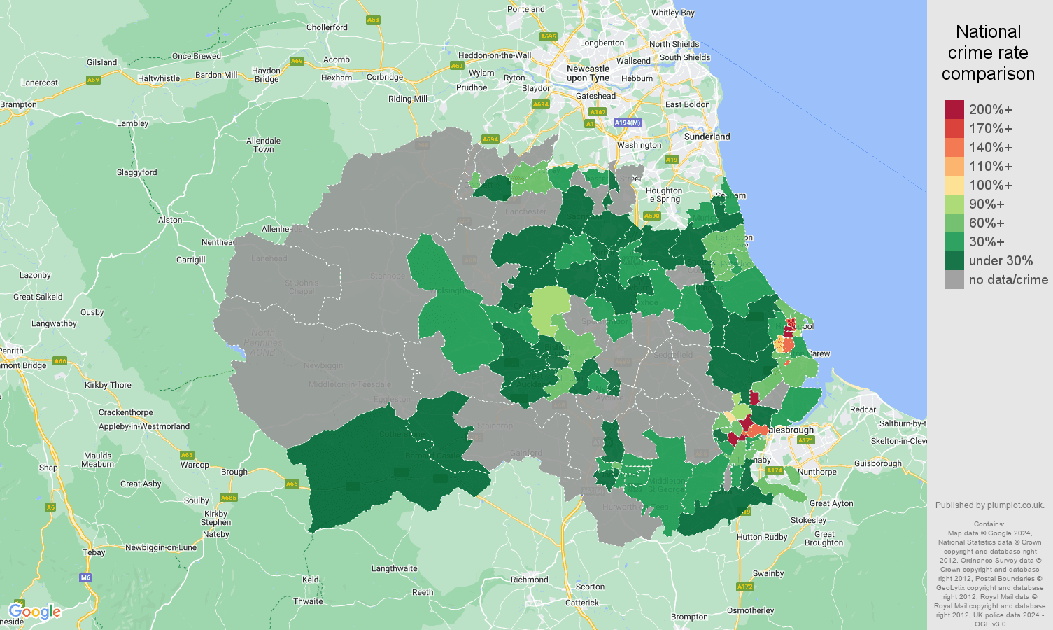 Durham county robbery crime rate comparison map