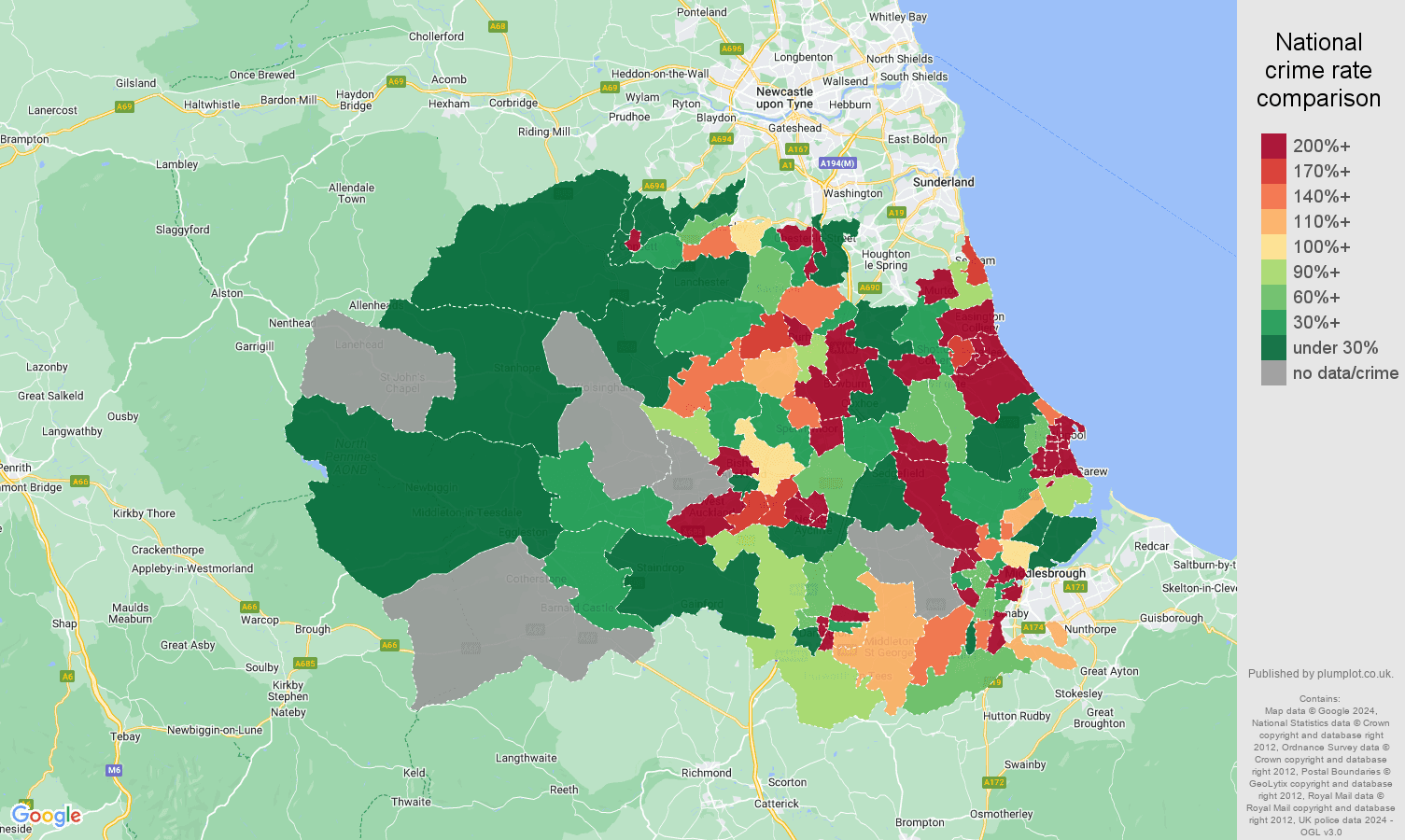 Durham county shoplifting crime rate comparison map