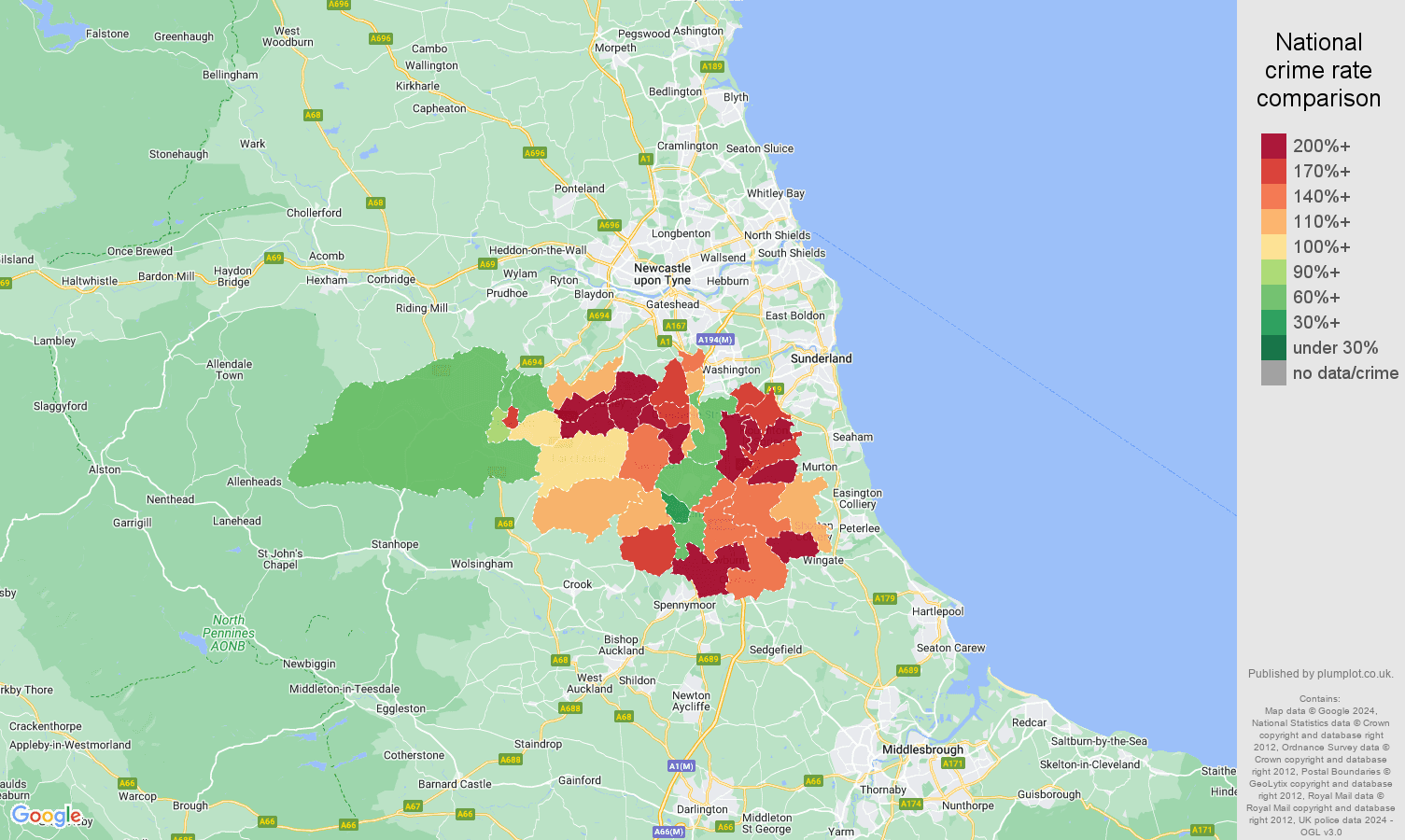 Durham criminal damage and arson crime rate comparison map