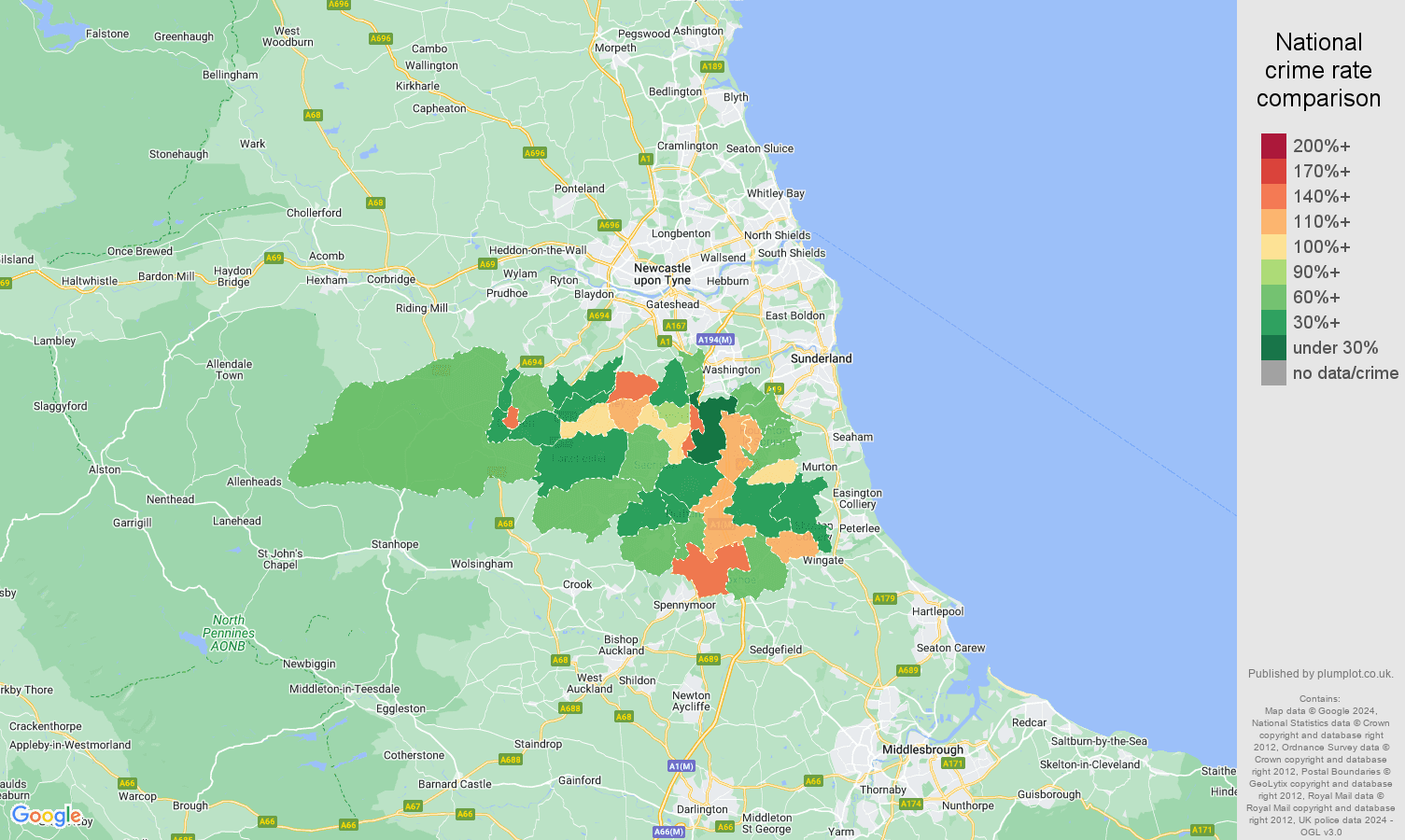 Durham other theft crime rate comparison map