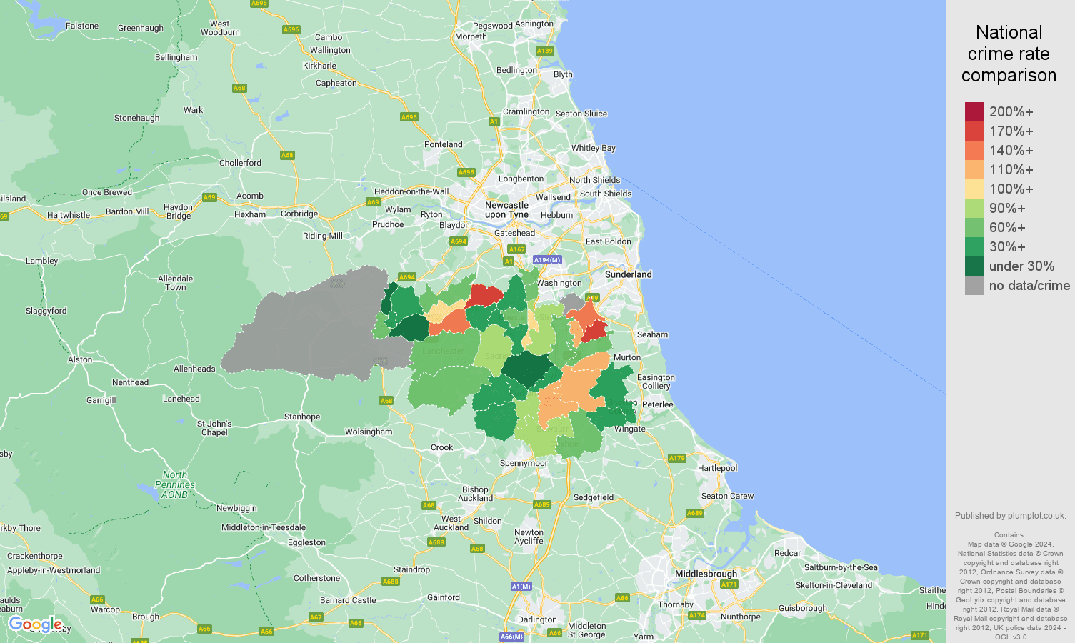 Durham possession of weapons crime rate comparison map