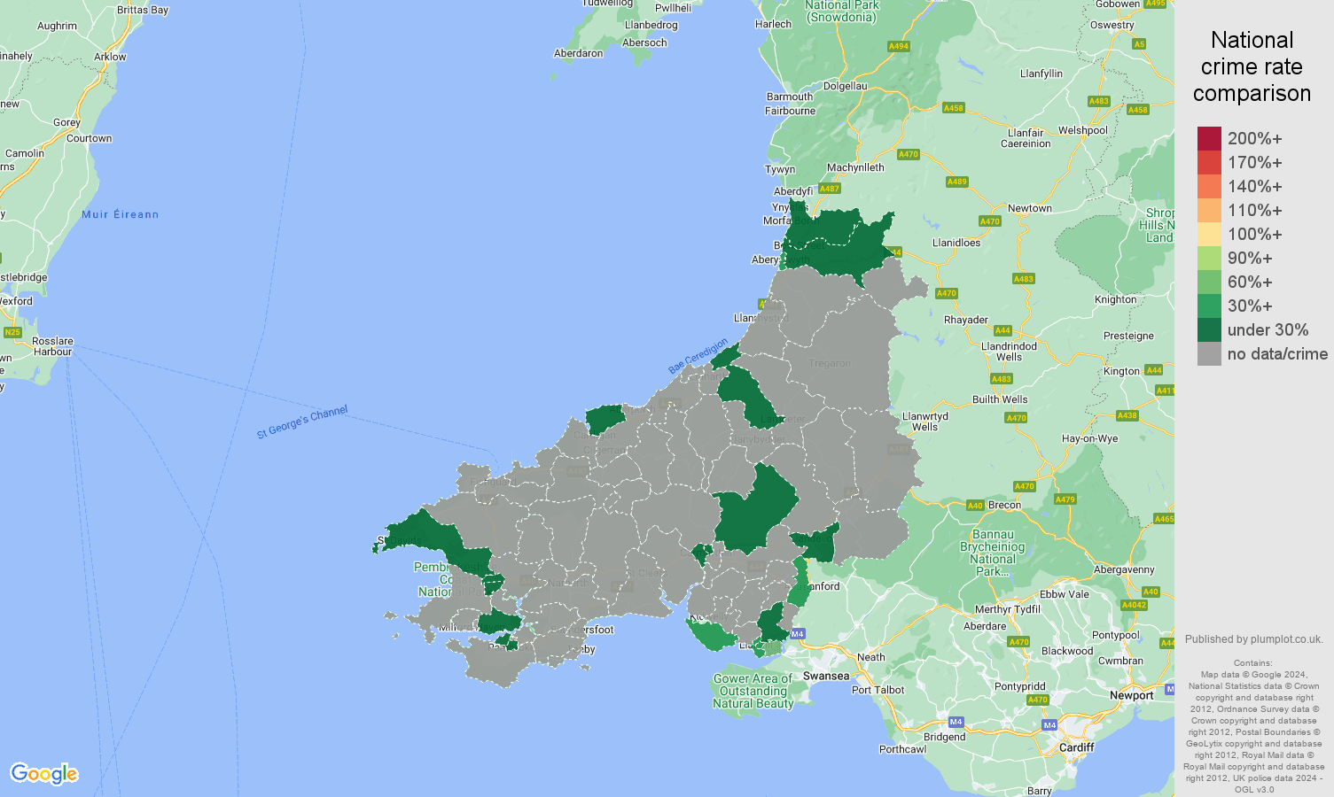 Dyfed bicycle theft crime rate comparison map