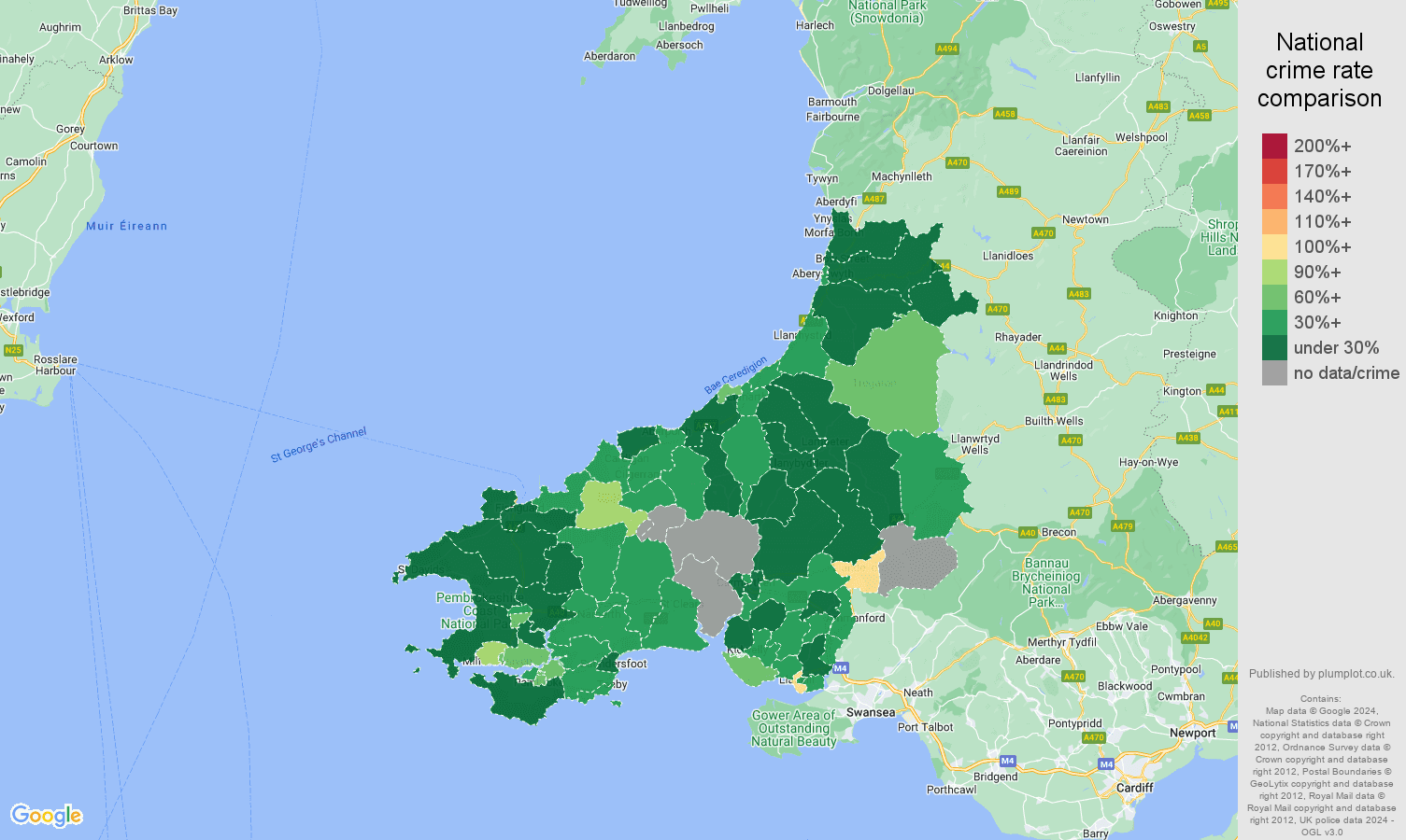 Dyfed burglary crime rate comparison map