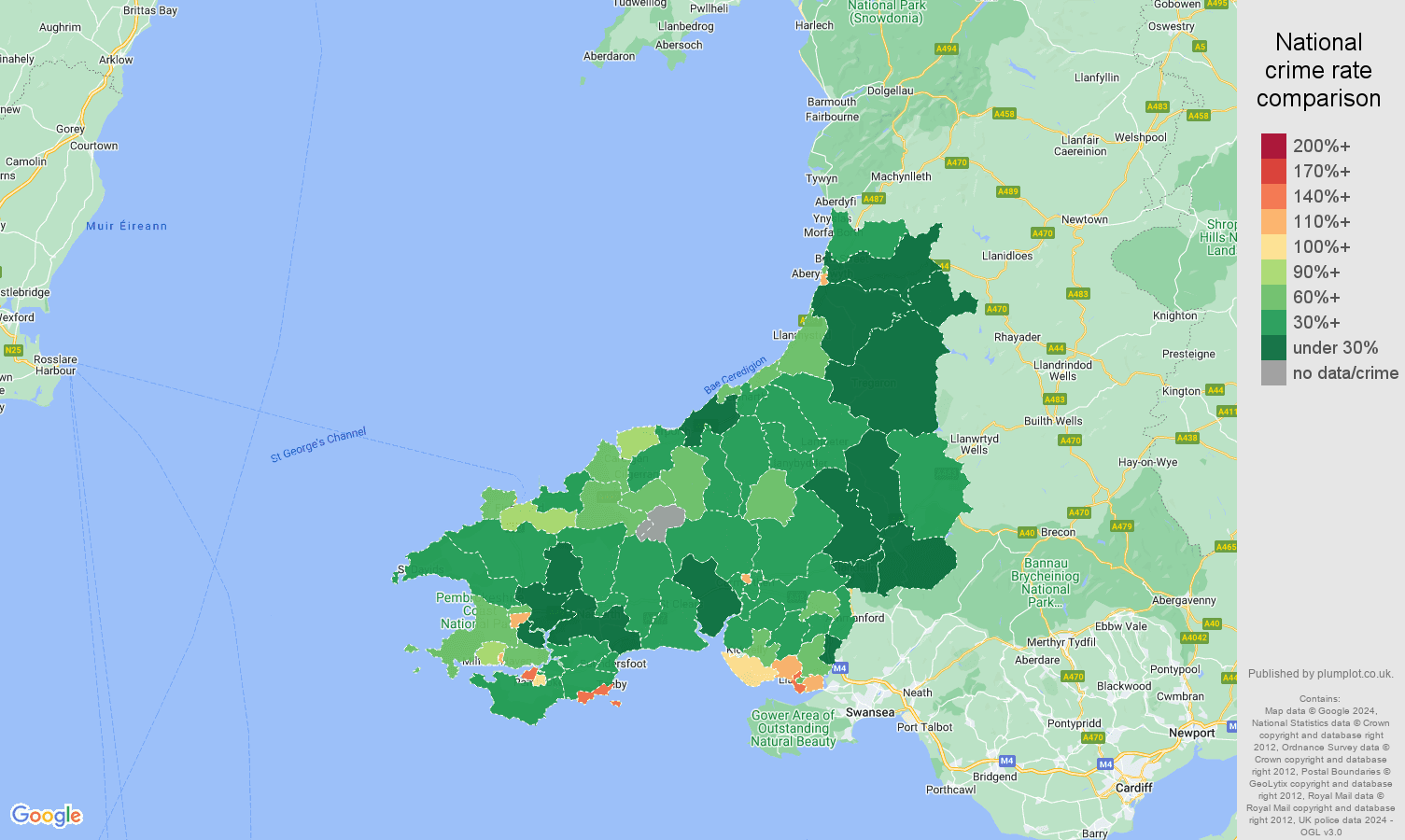 Dyfed criminal damage and arson crime rate comparison map