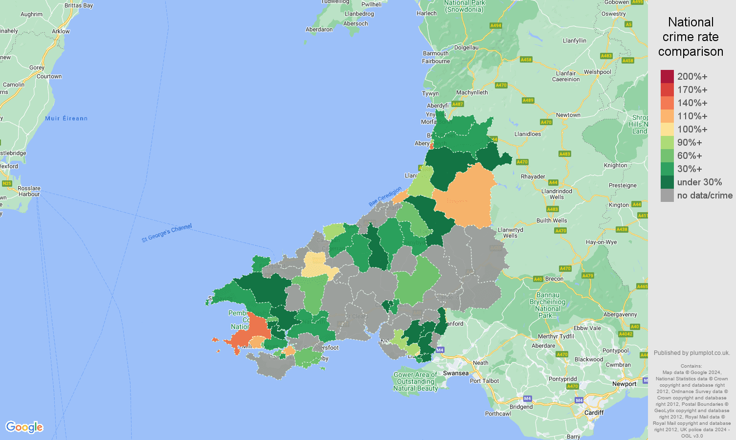 Dyfed possession of weapons crime rate comparison map