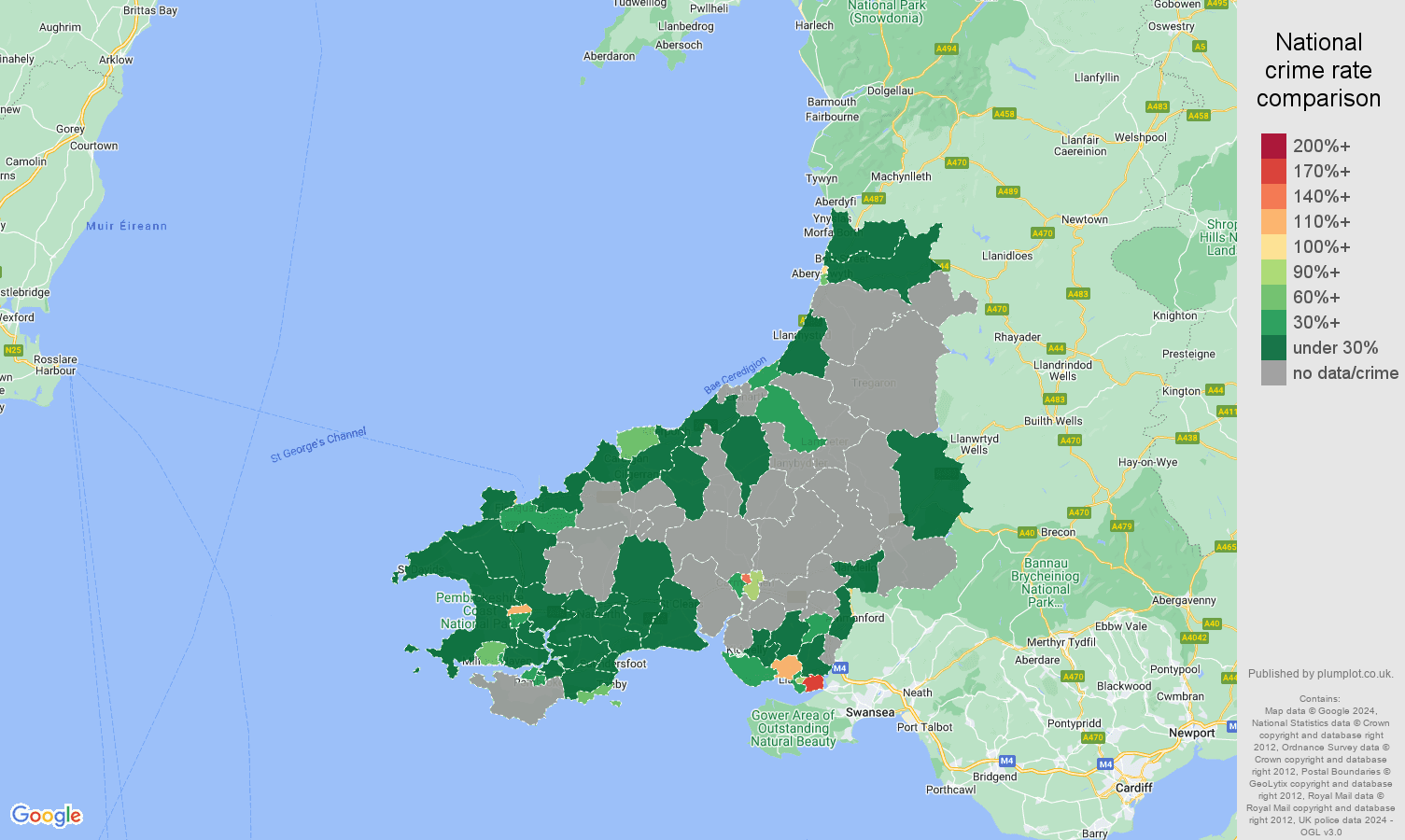 Dyfed shoplifting crime rate comparison map