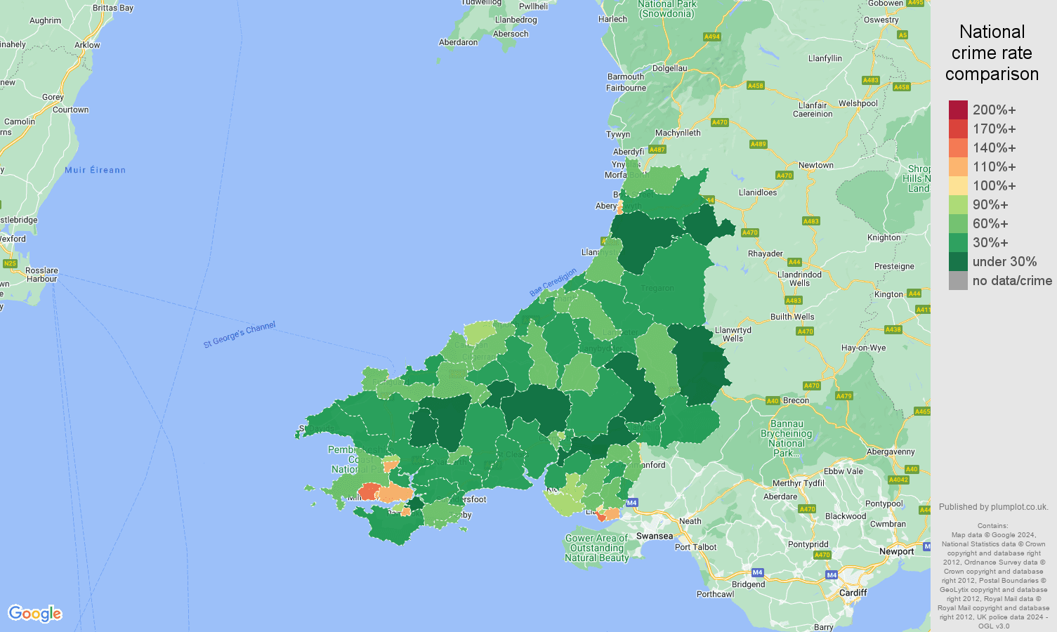 Dyfed violent crime rate comparison map