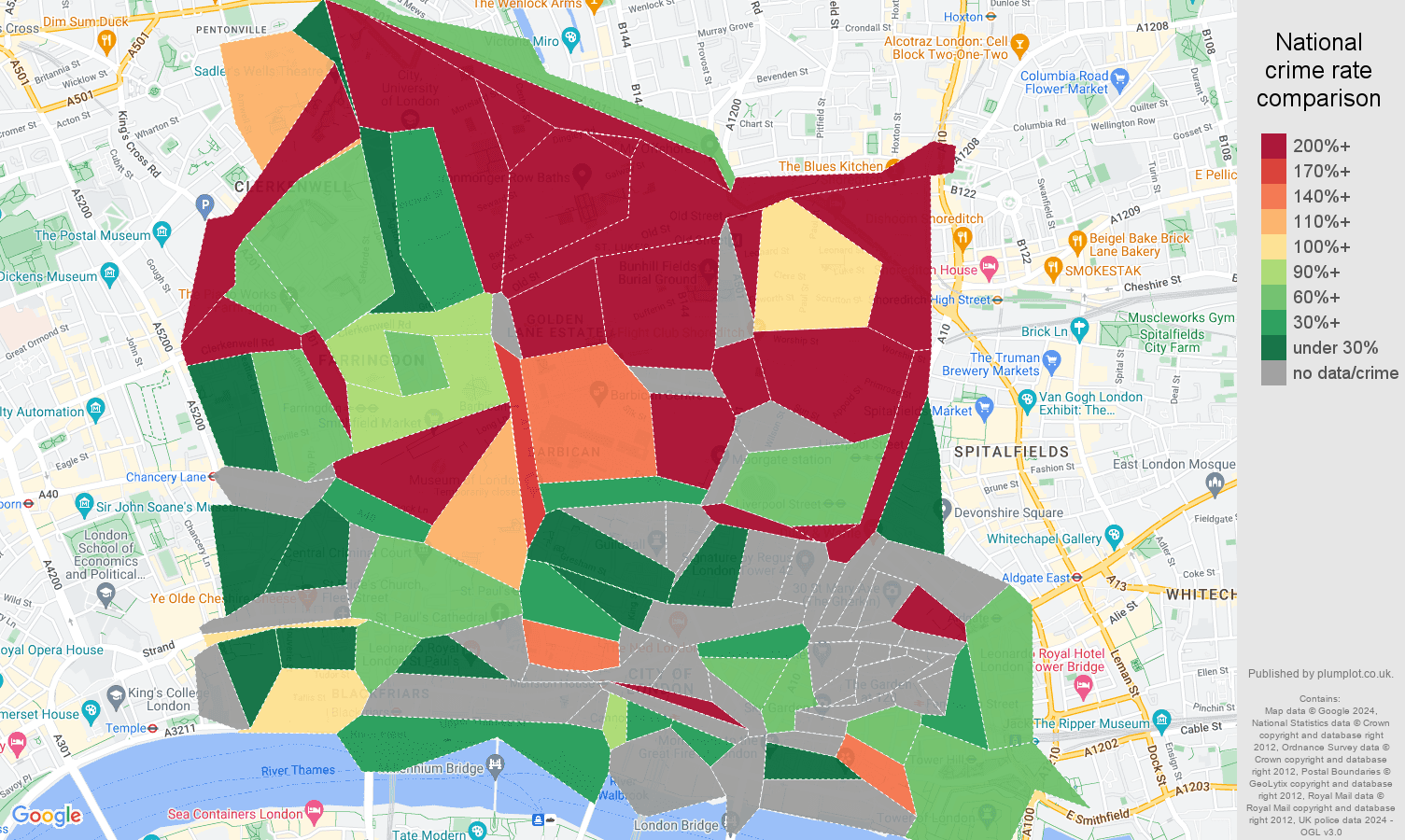East Central London bicycle theft crime rate comparison map