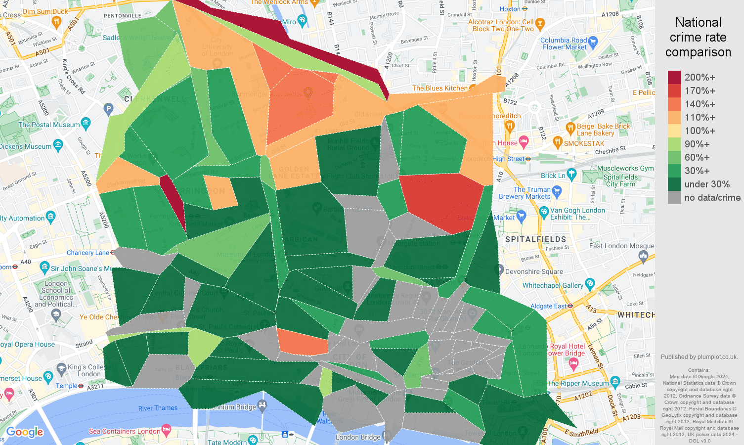 East Central London burglary crime rate comparison map
