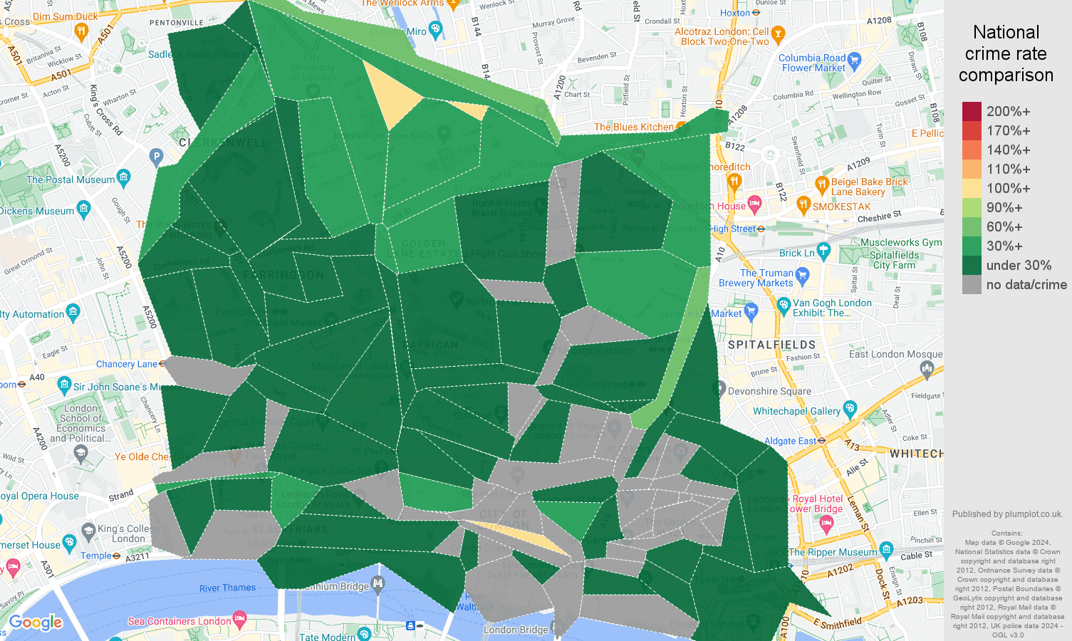 East Central London criminal damage and arson crime rate comparison map