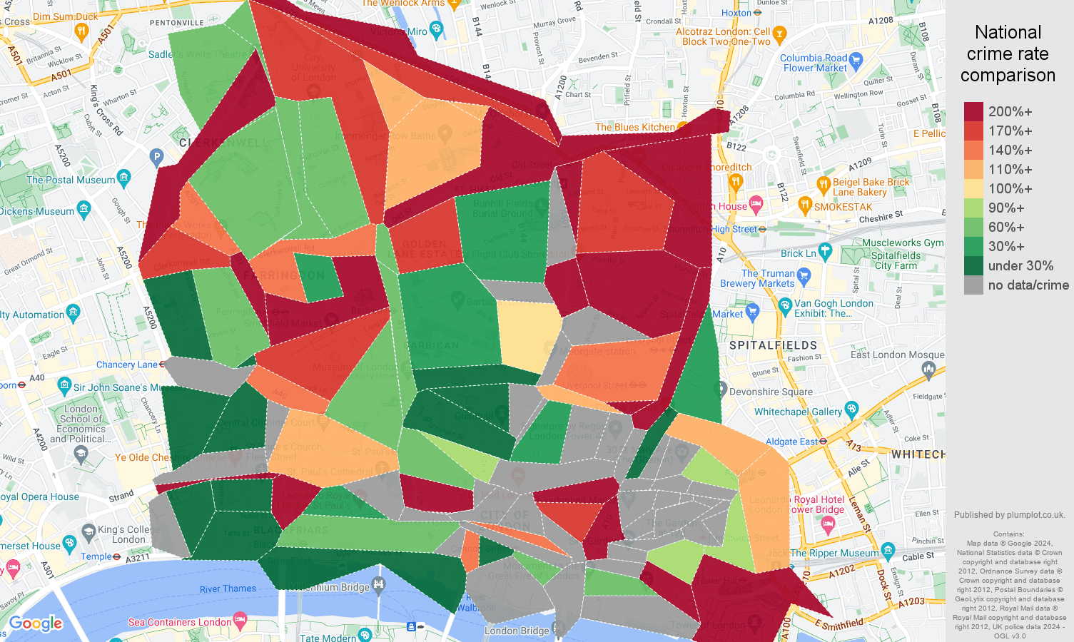 East Central London other theft crime rate comparison map
