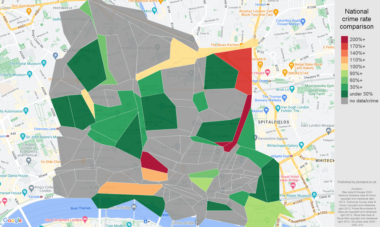 East Central London possession of weapons crime rate comparison map