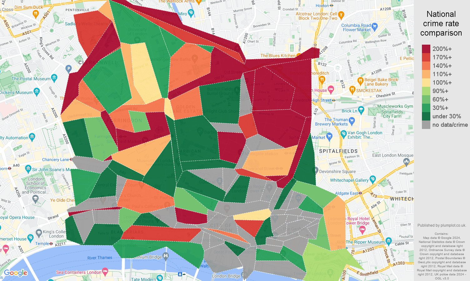 East Central London robbery crime rate comparison map