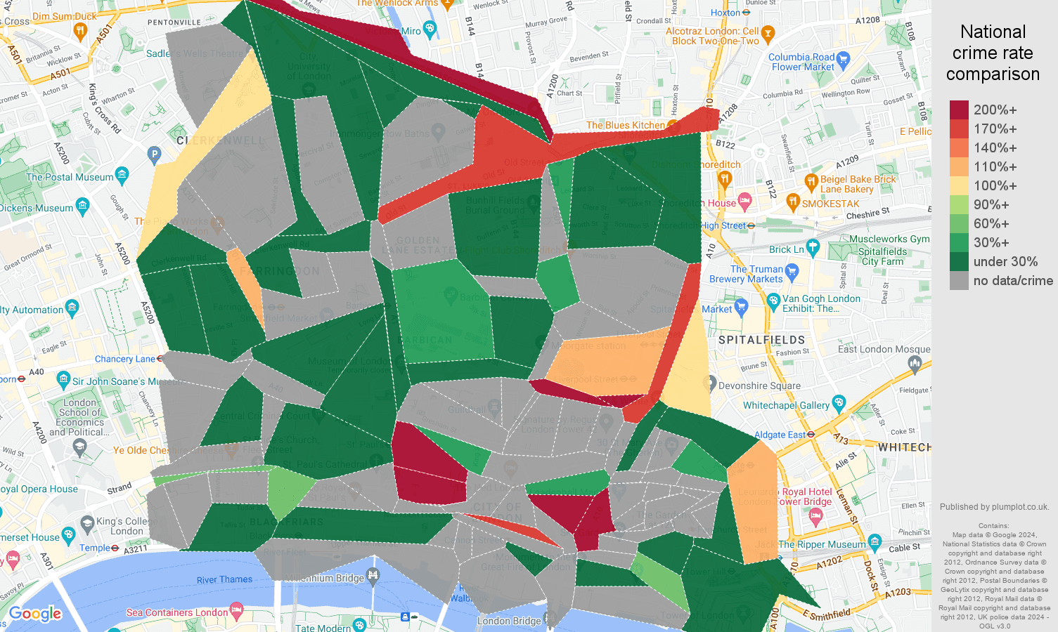 East Central London shoplifting crime rate comparison map