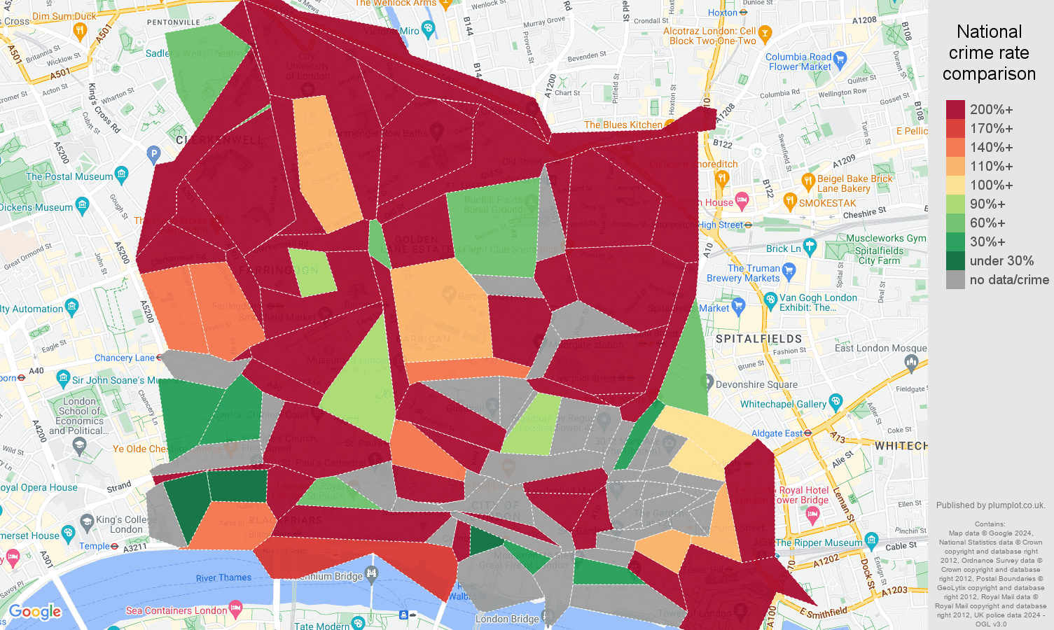 East Central London theft from the person crime rate comparison map