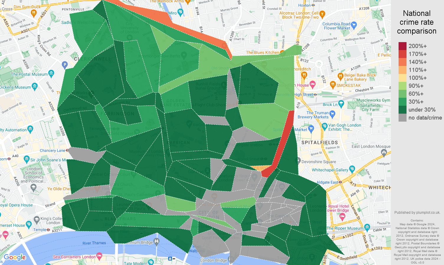 East Central London violent crime rate comparison map