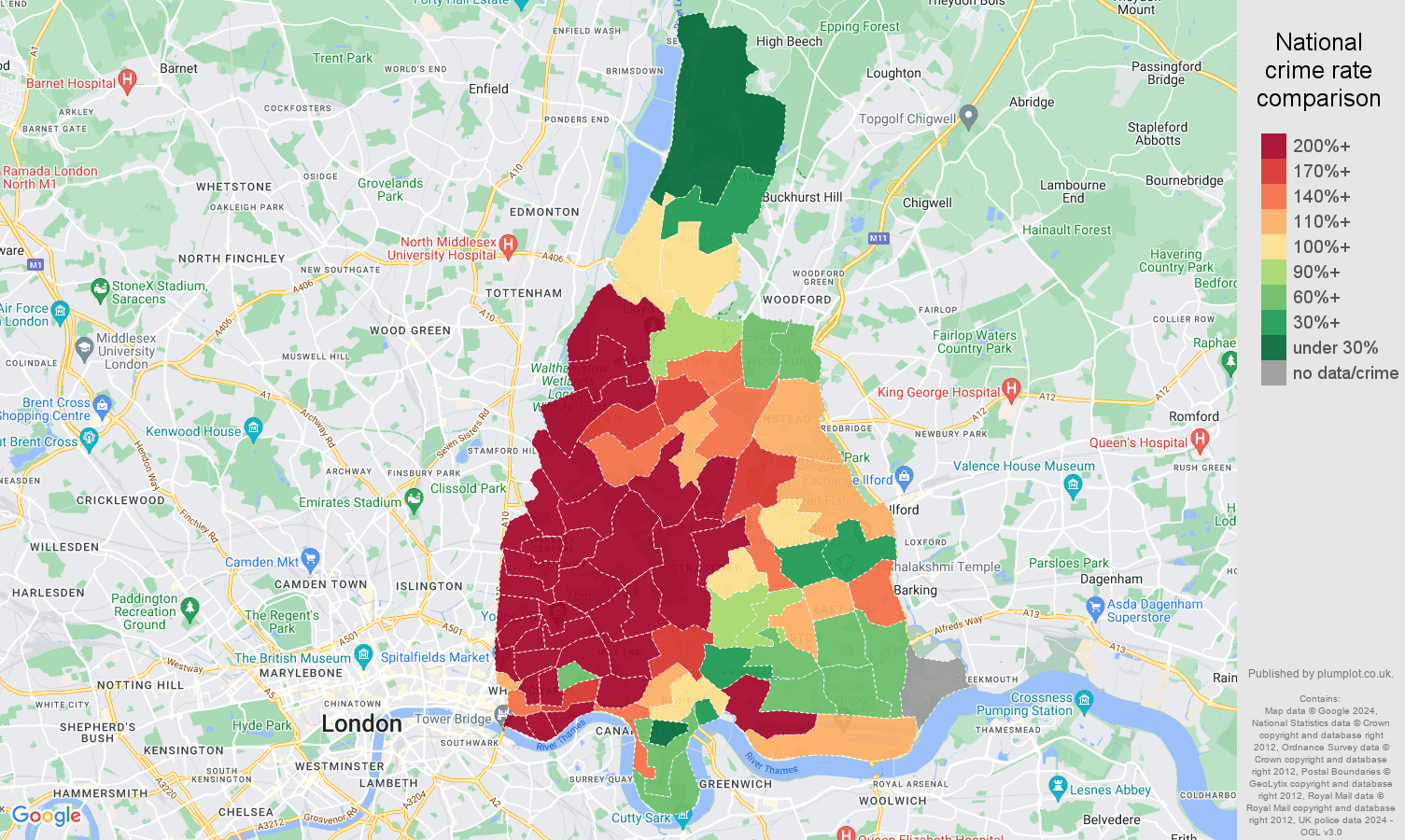 East London bicycle theft crime rate comparison map