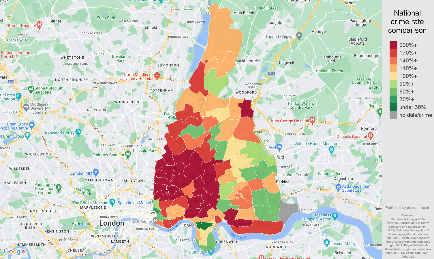 East London burglary crime rate comparison map