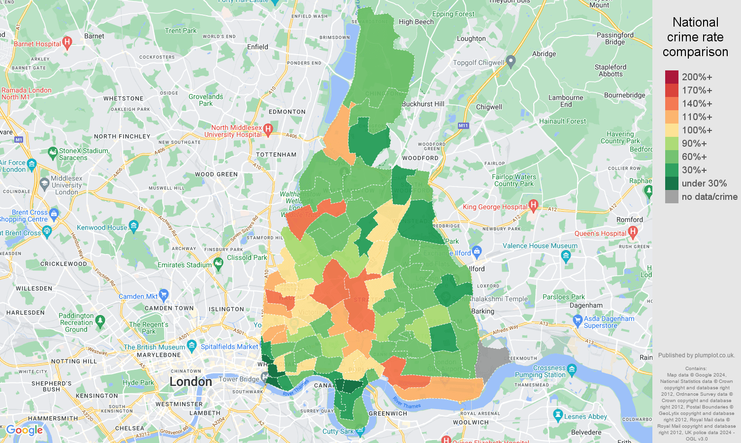 East London criminal damage and arson crime rate comparison map