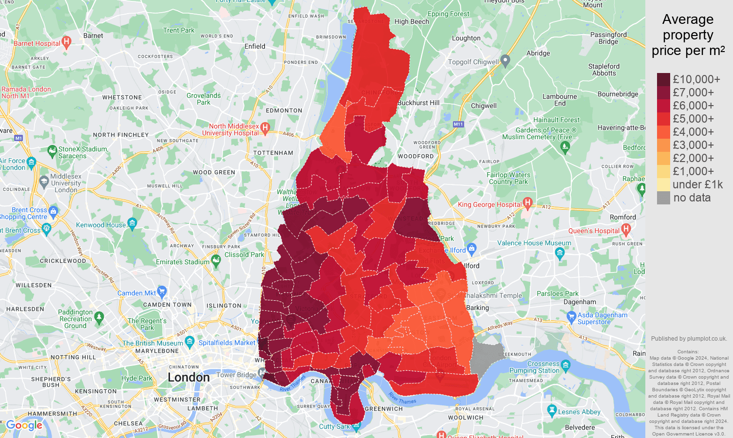 East London house prices per square metre map