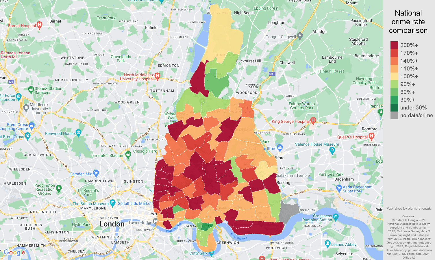 East London other theft crime rate comparison map