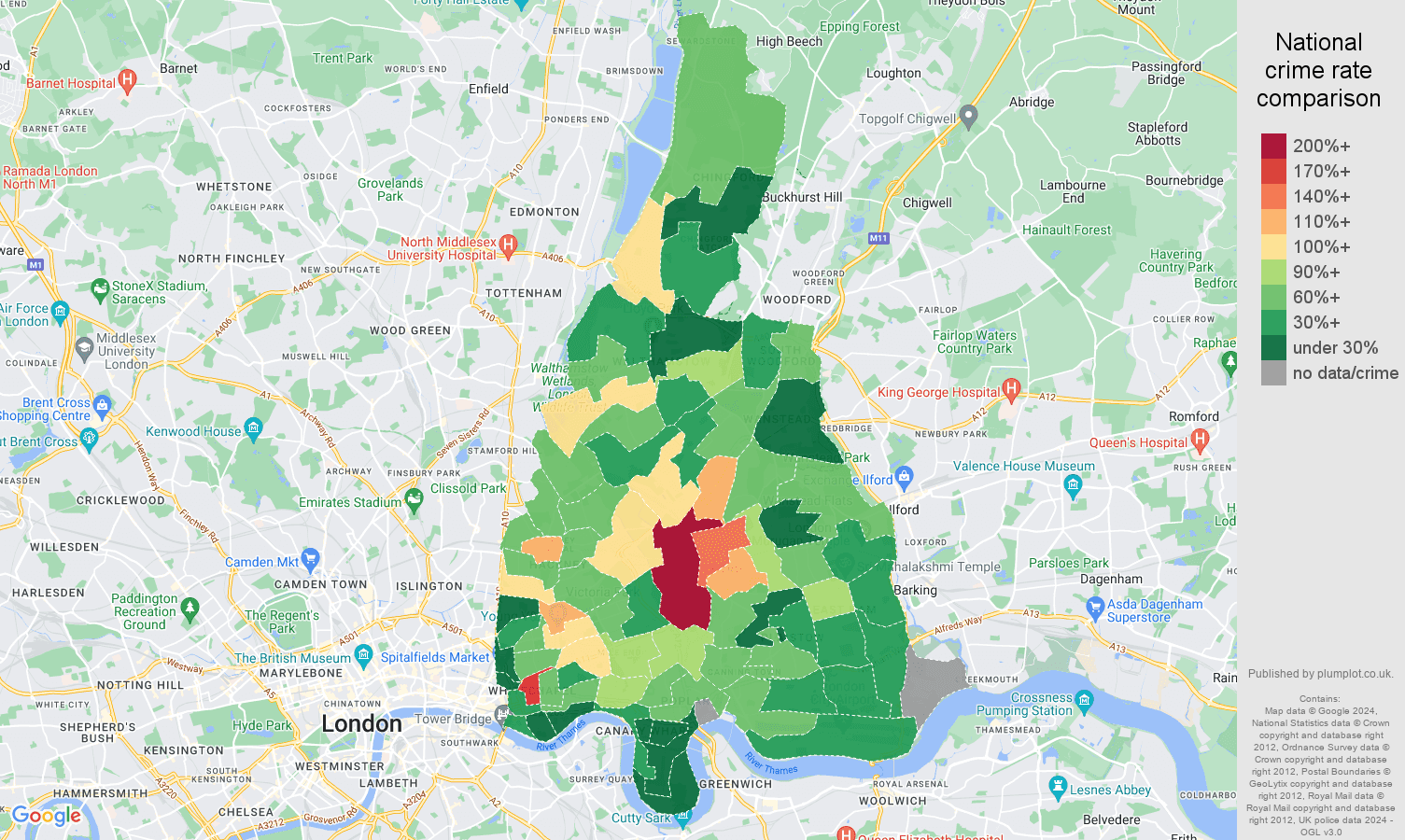 East London possession of weapons crime rate comparison map
