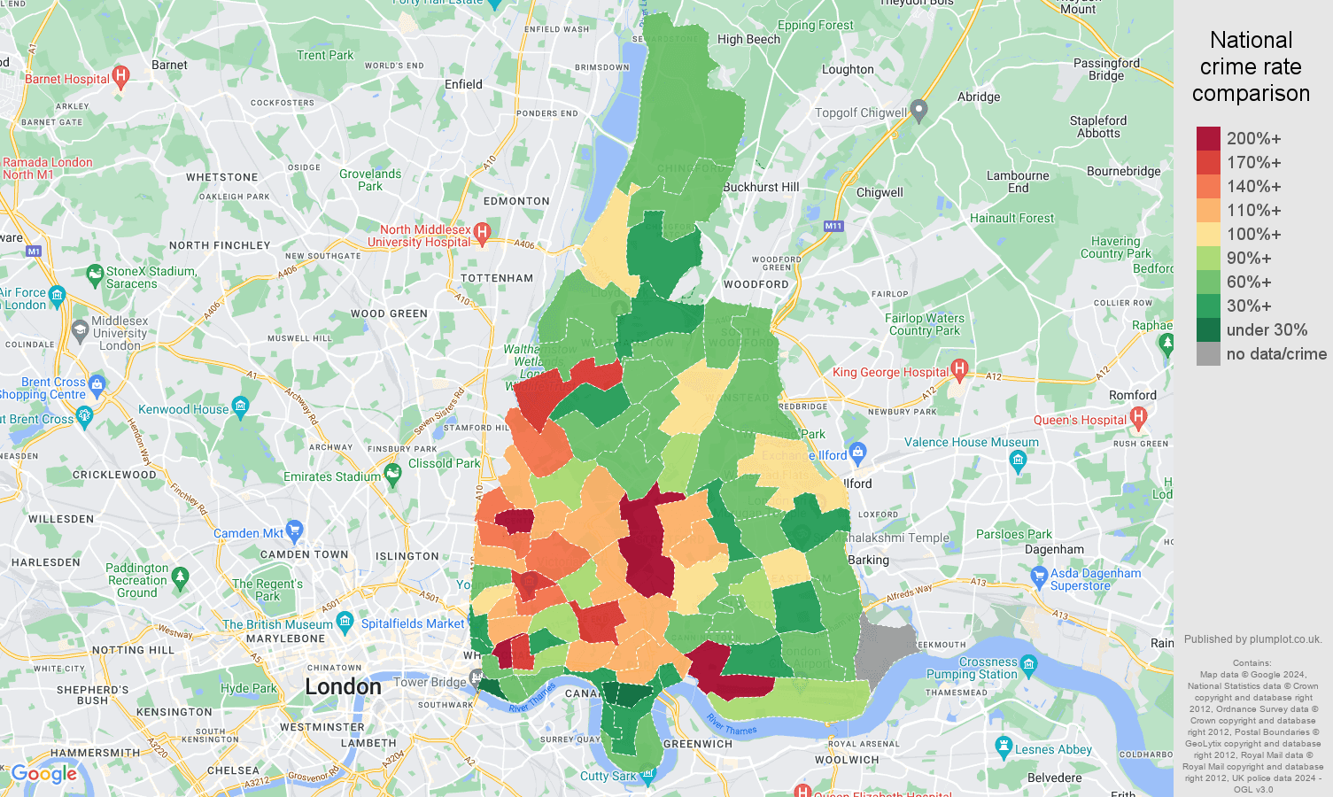 East London public order crime rate comparison map