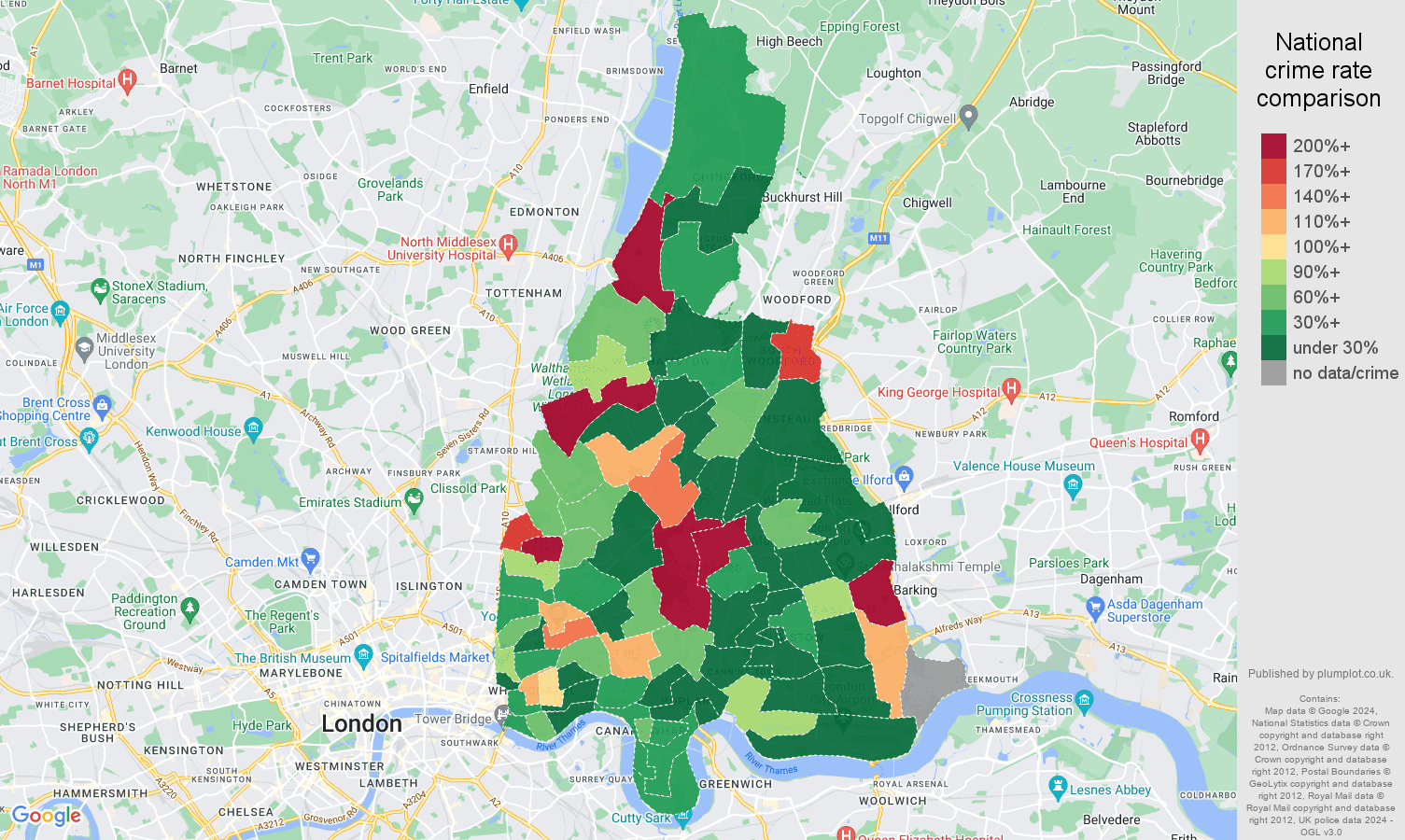 East London shoplifting crime rate comparison map