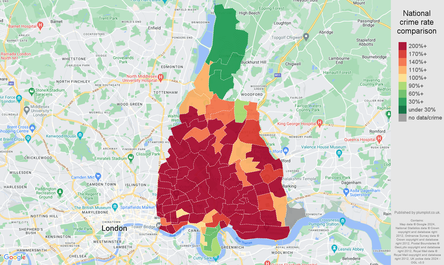 East London theft from the person crime rate comparison map