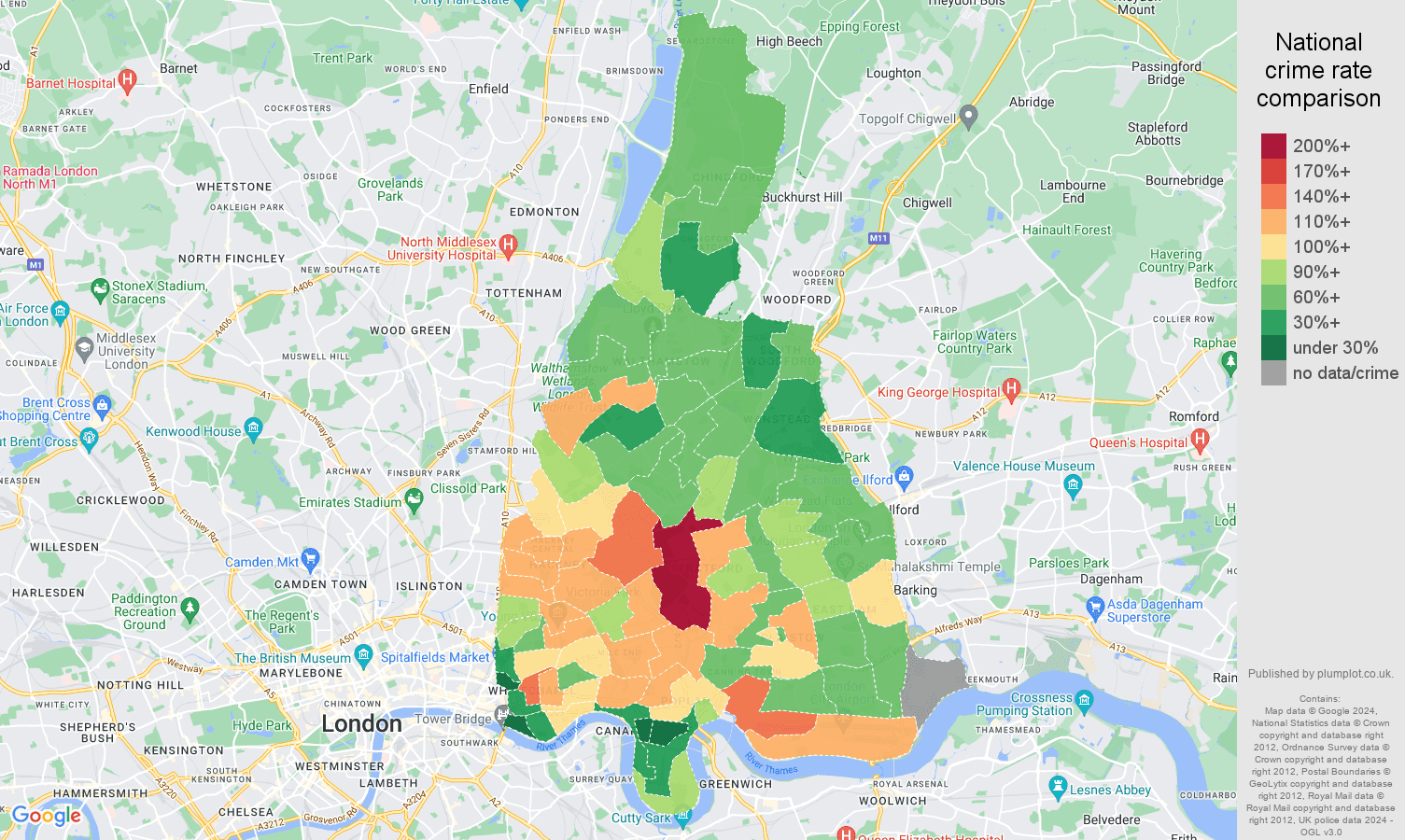 East London violent crime rate comparison map