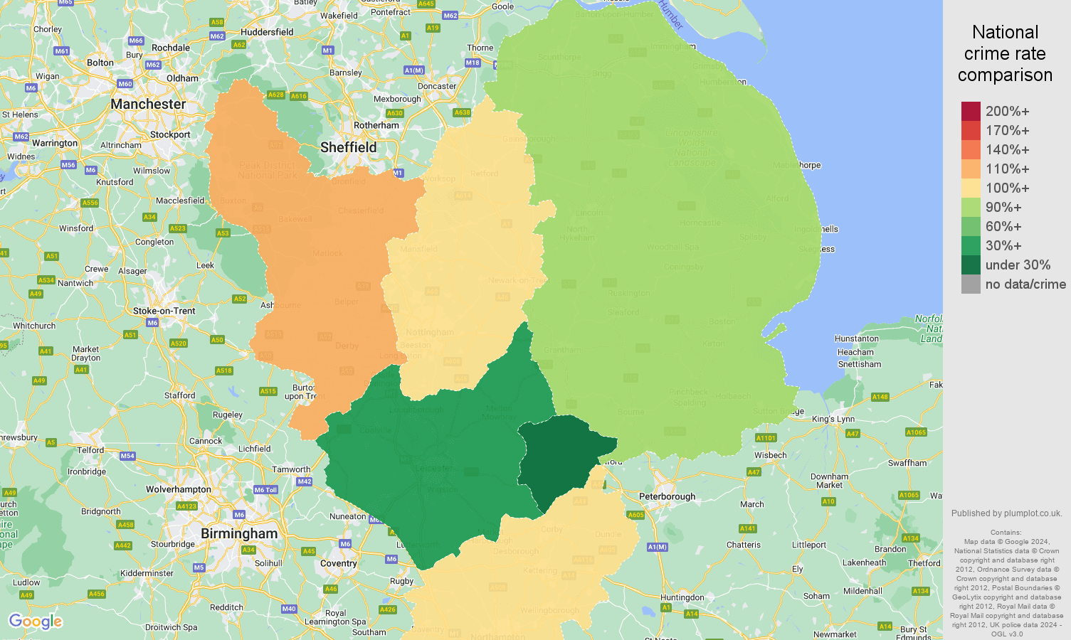 East Midlands antisocial behaviour crime rate comparison map