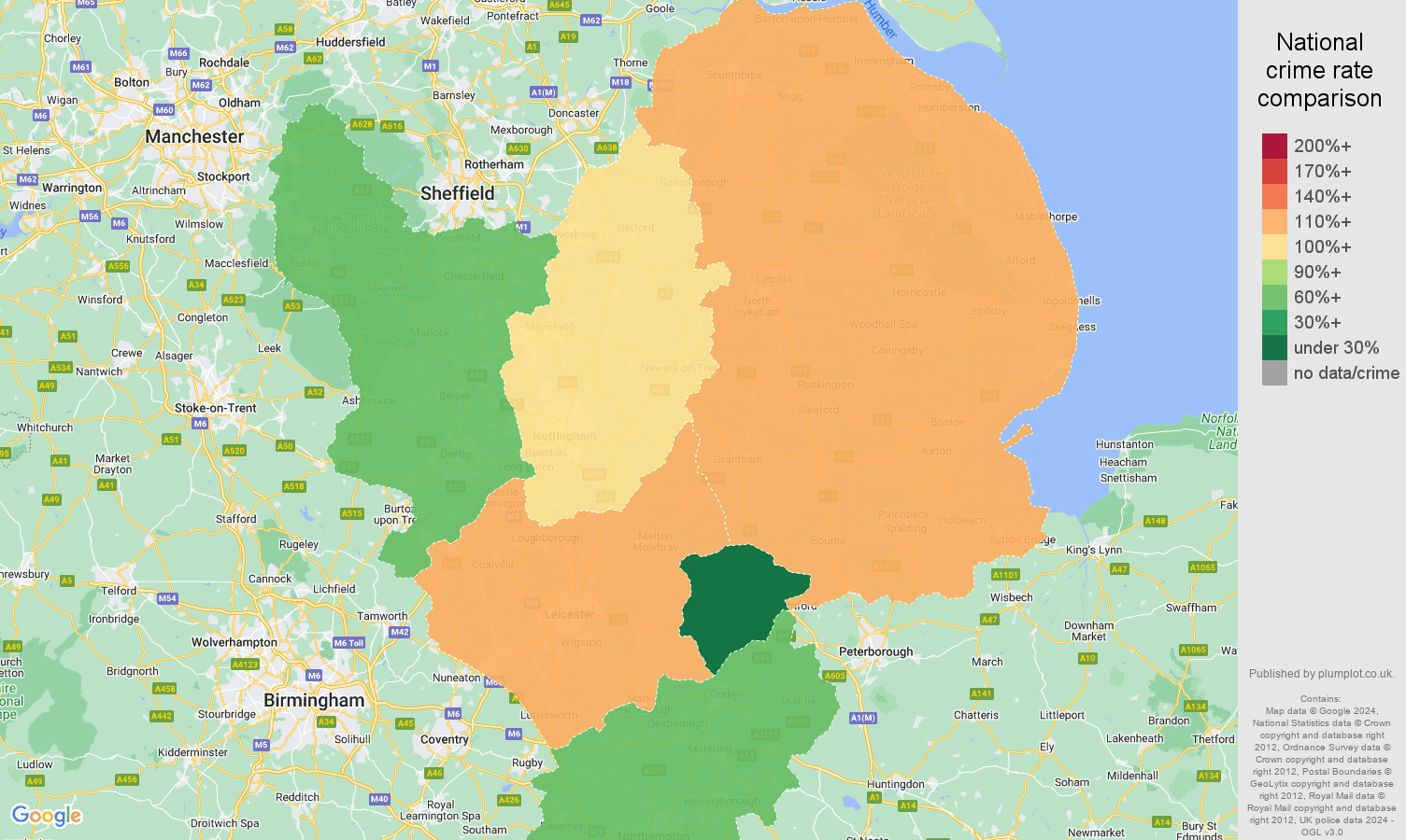 East Midlands bicycle theft crime rate comparison map