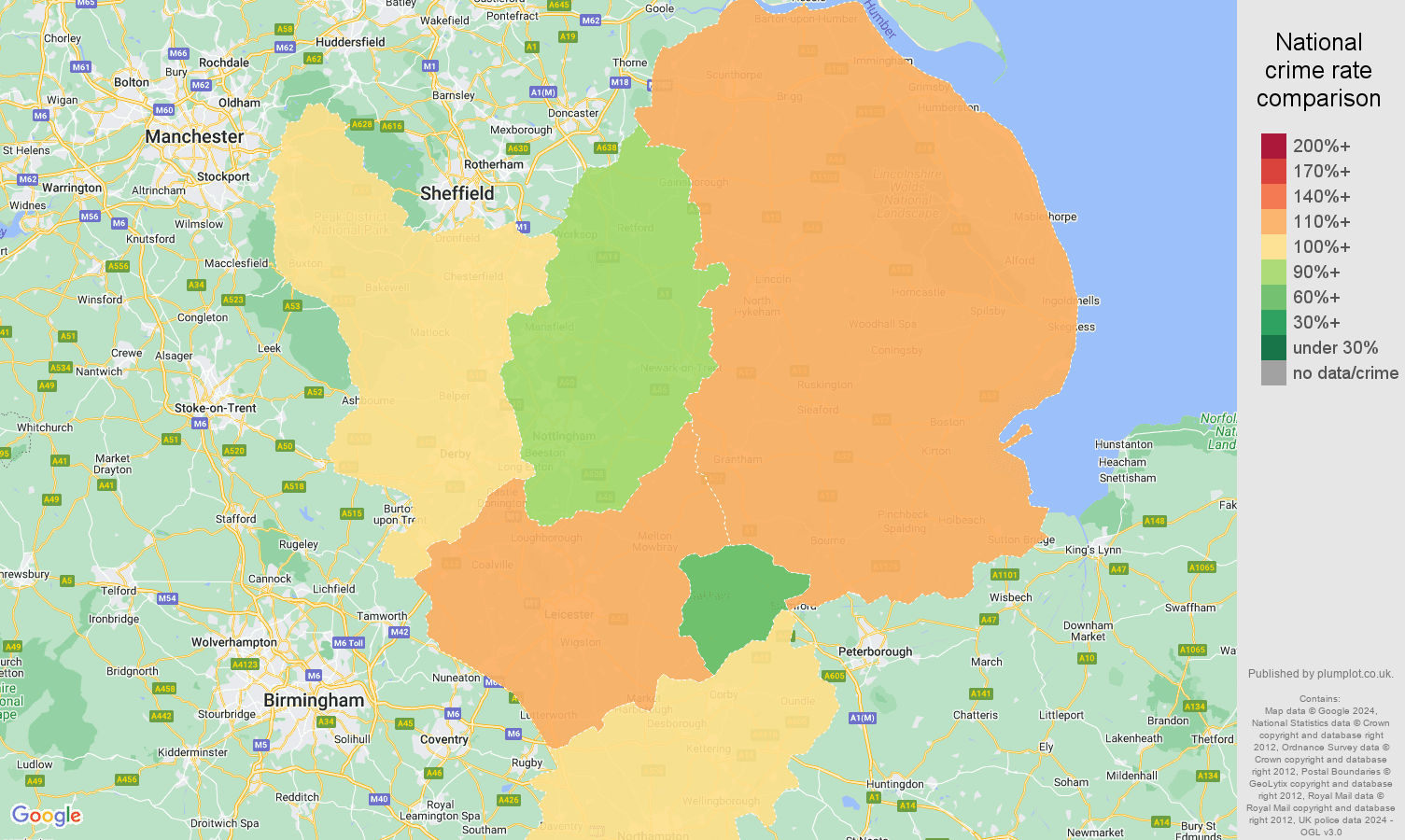 East Midlands burglary crime rate comparison map