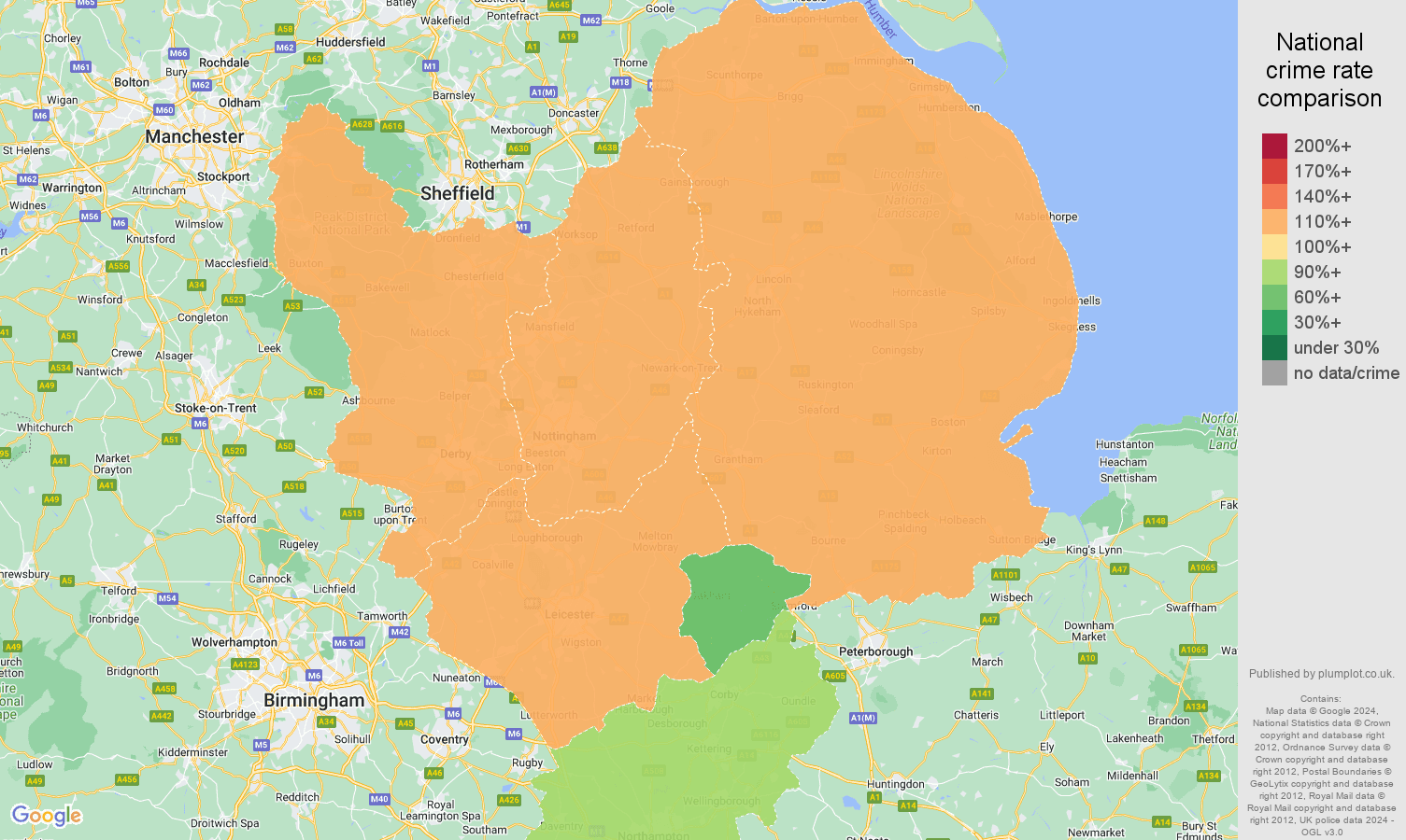 East Midlands criminal damage and arson crime rate comparison map