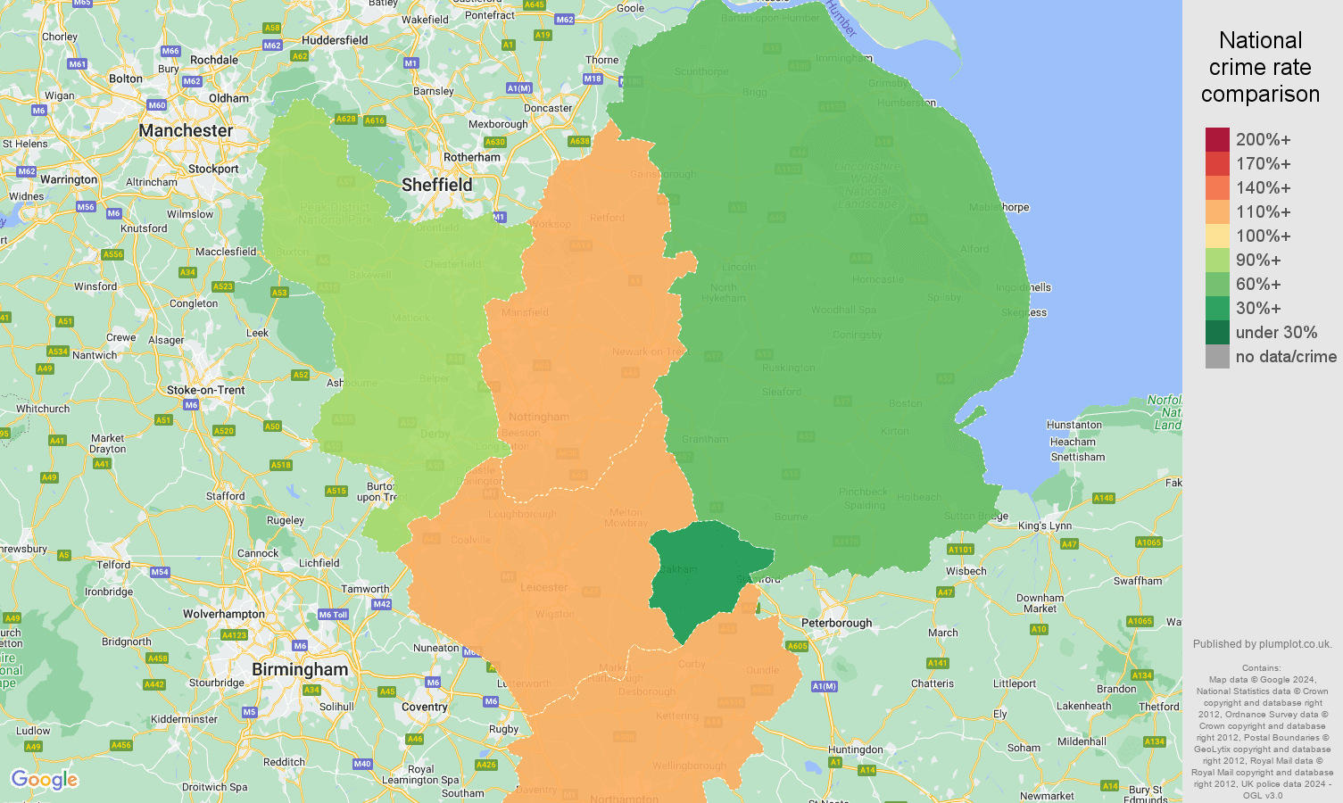 East Midlands drugs crime rate comparison map