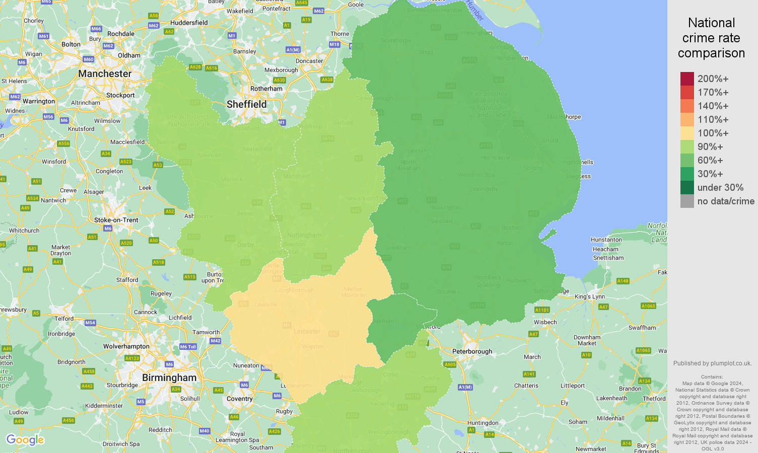 East Midlands other theft crime rate comparison map