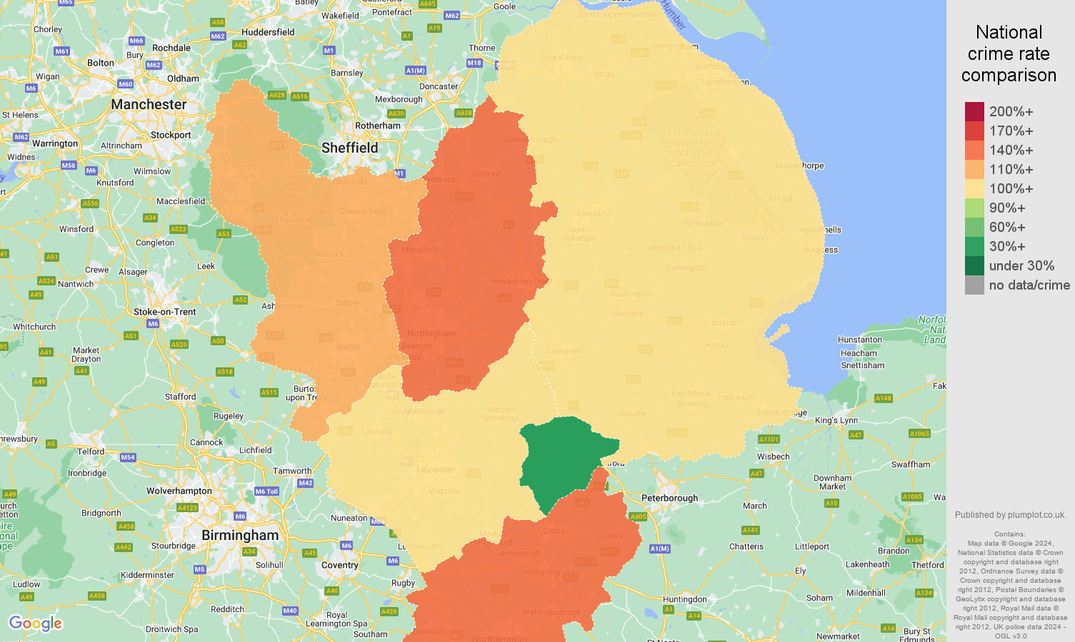 East Midlands possession of weapons crime rate comparison map