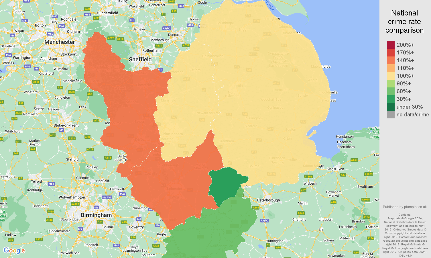 East Midlands public order crime rate comparison map