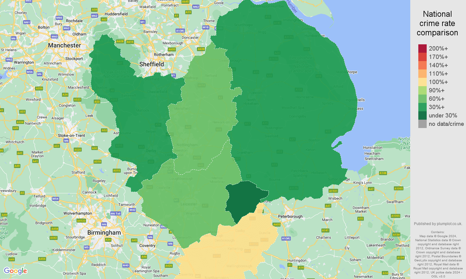 East Midlands robbery crime rate comparison map