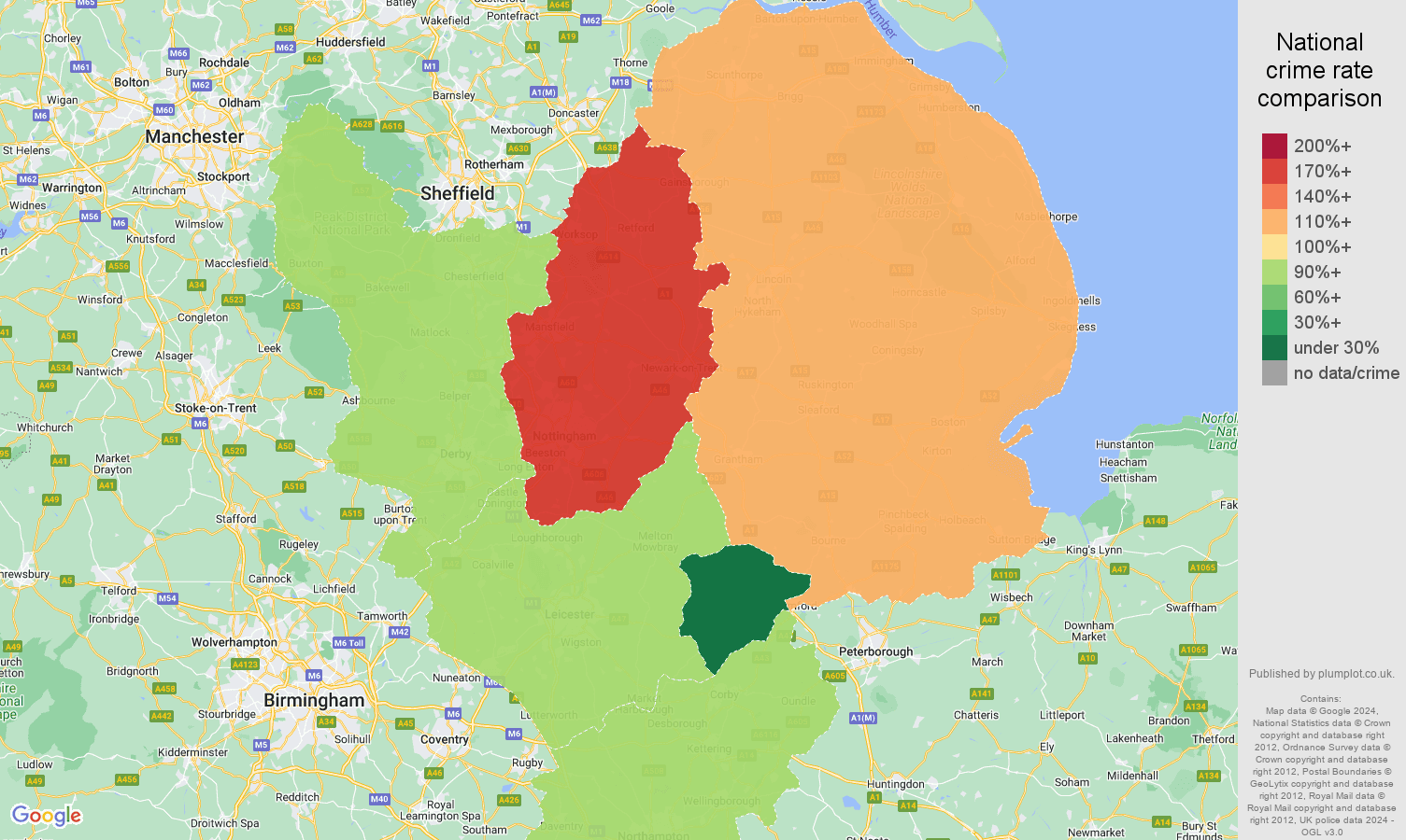 East Midlands shoplifting crime rate comparison map