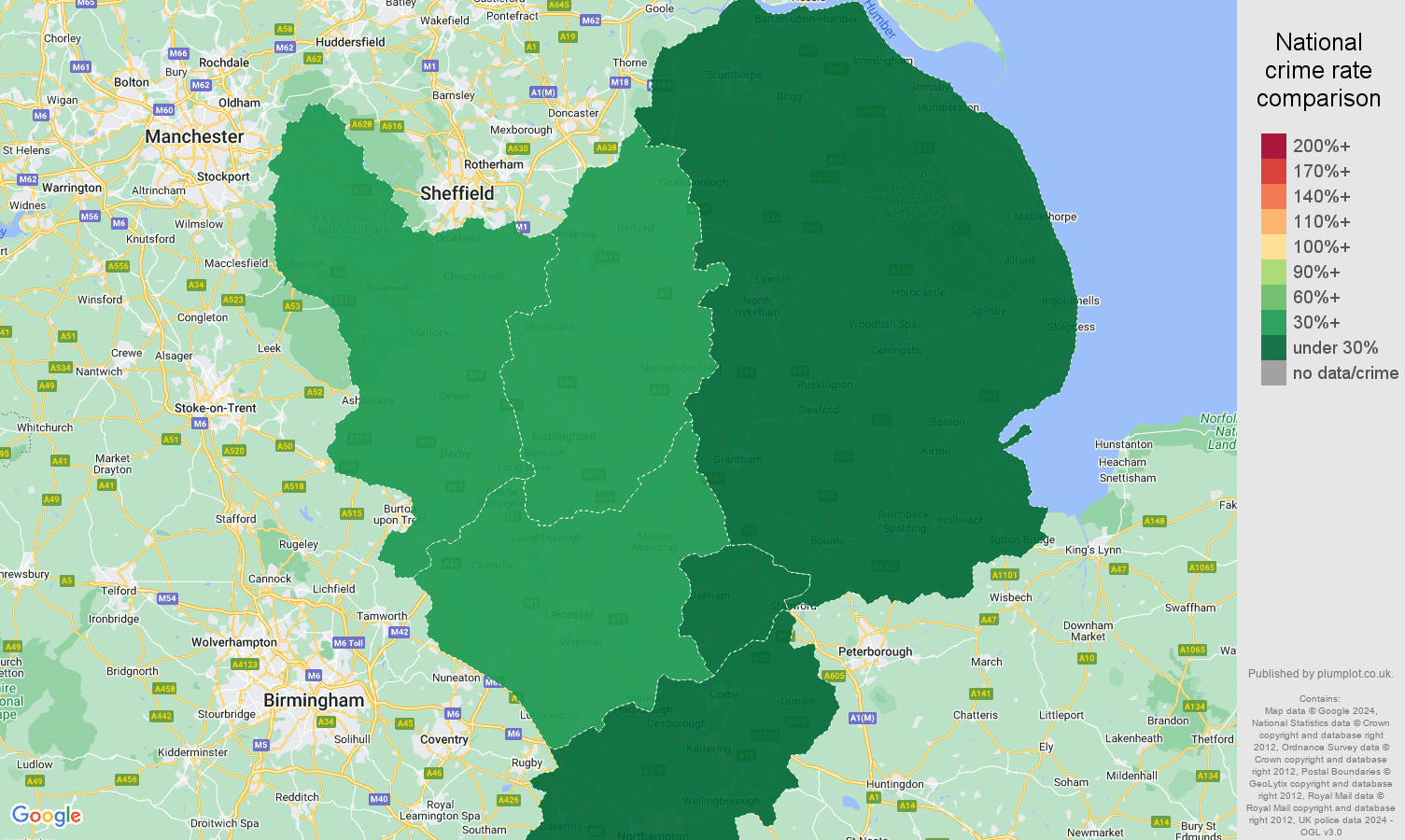 East Midlands theft from the person crime rate comparison map