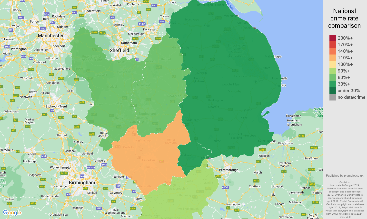 East Midlands vehicle crime rate comparison map