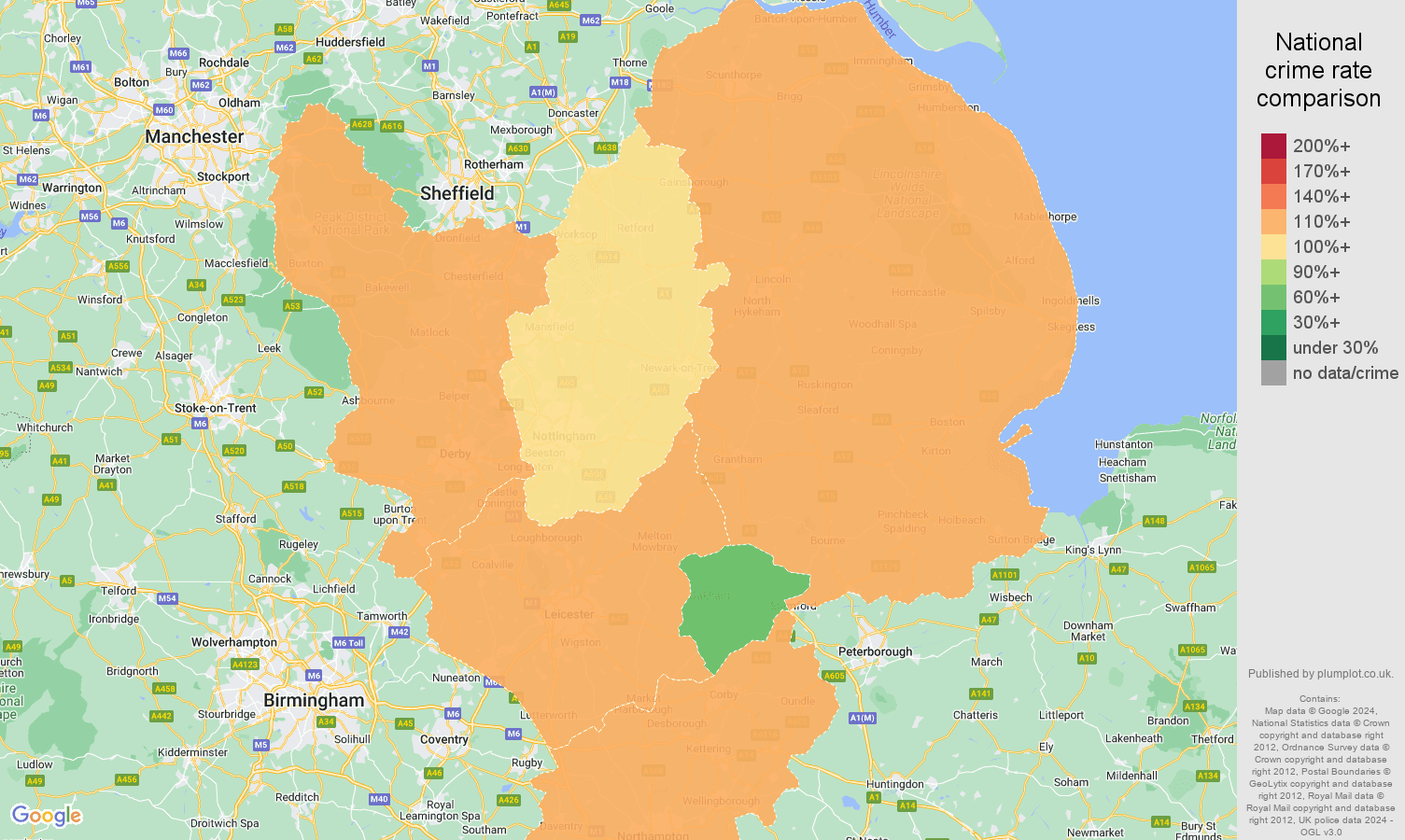 East Midlands violent crime rate comparison map