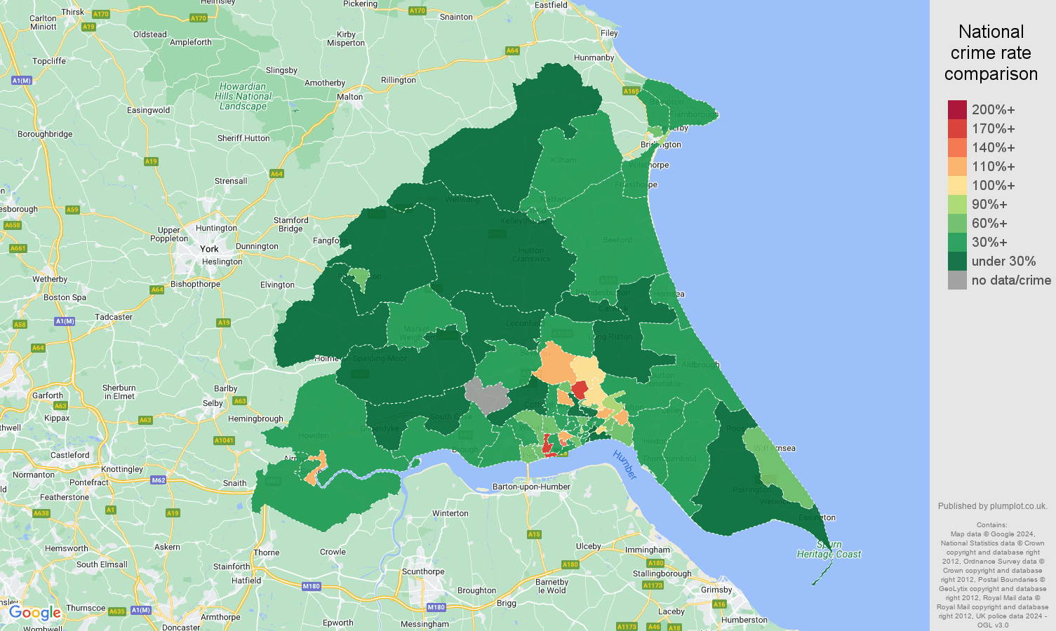 East Riding of Yorkshire antisocial behaviour crime rate comparison map