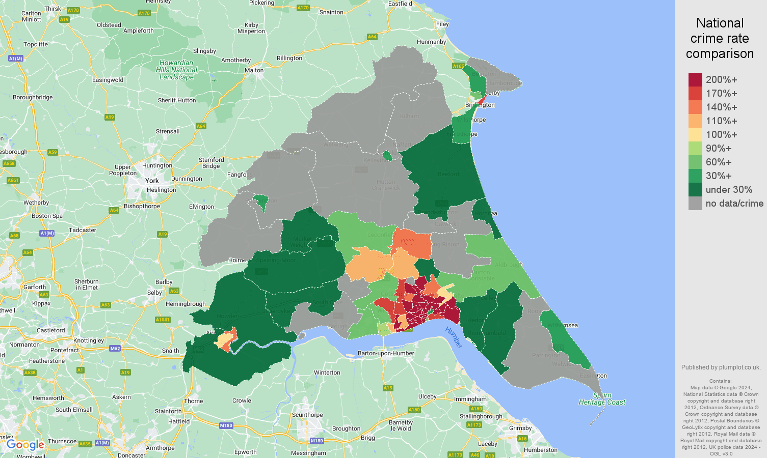 East Riding of Yorkshire bicycle theft crime rate comparison map