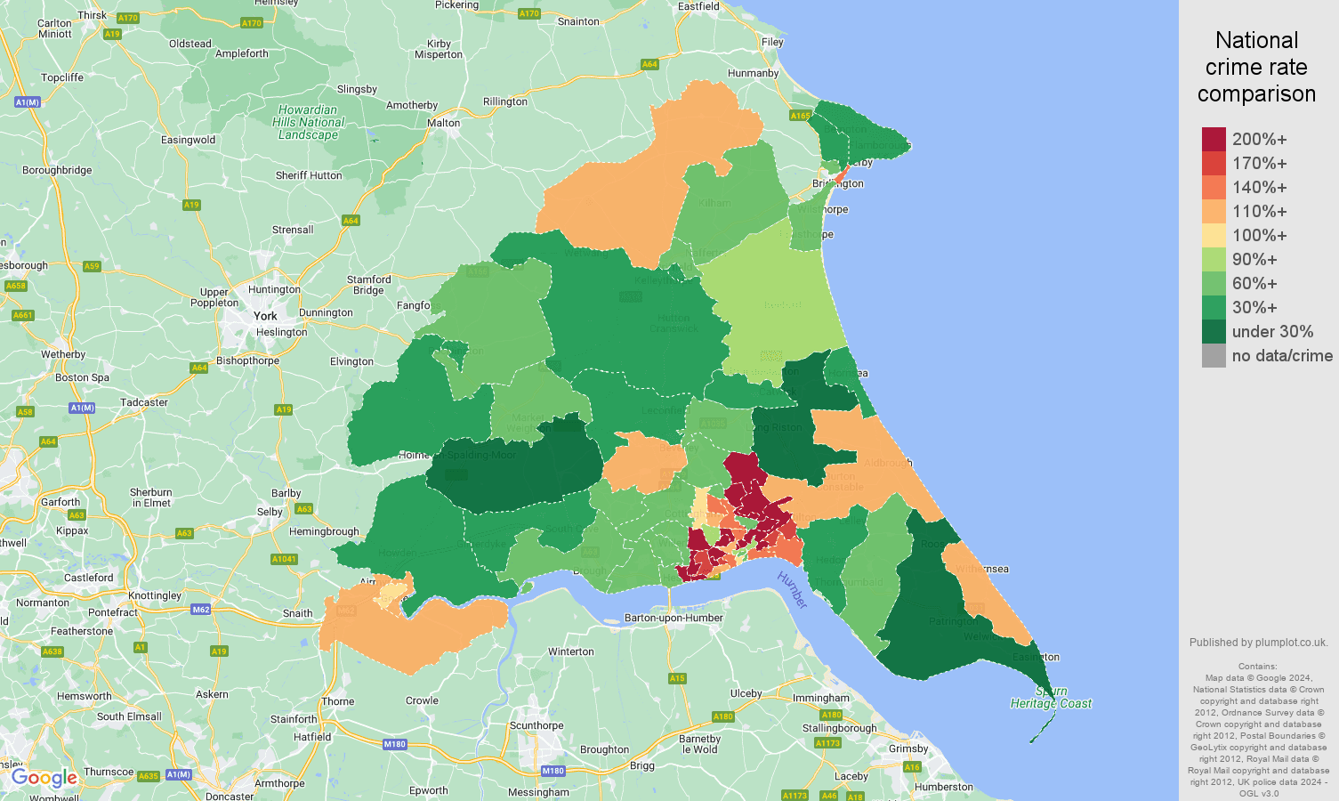 East Riding of Yorkshire burglary crime rate comparison map