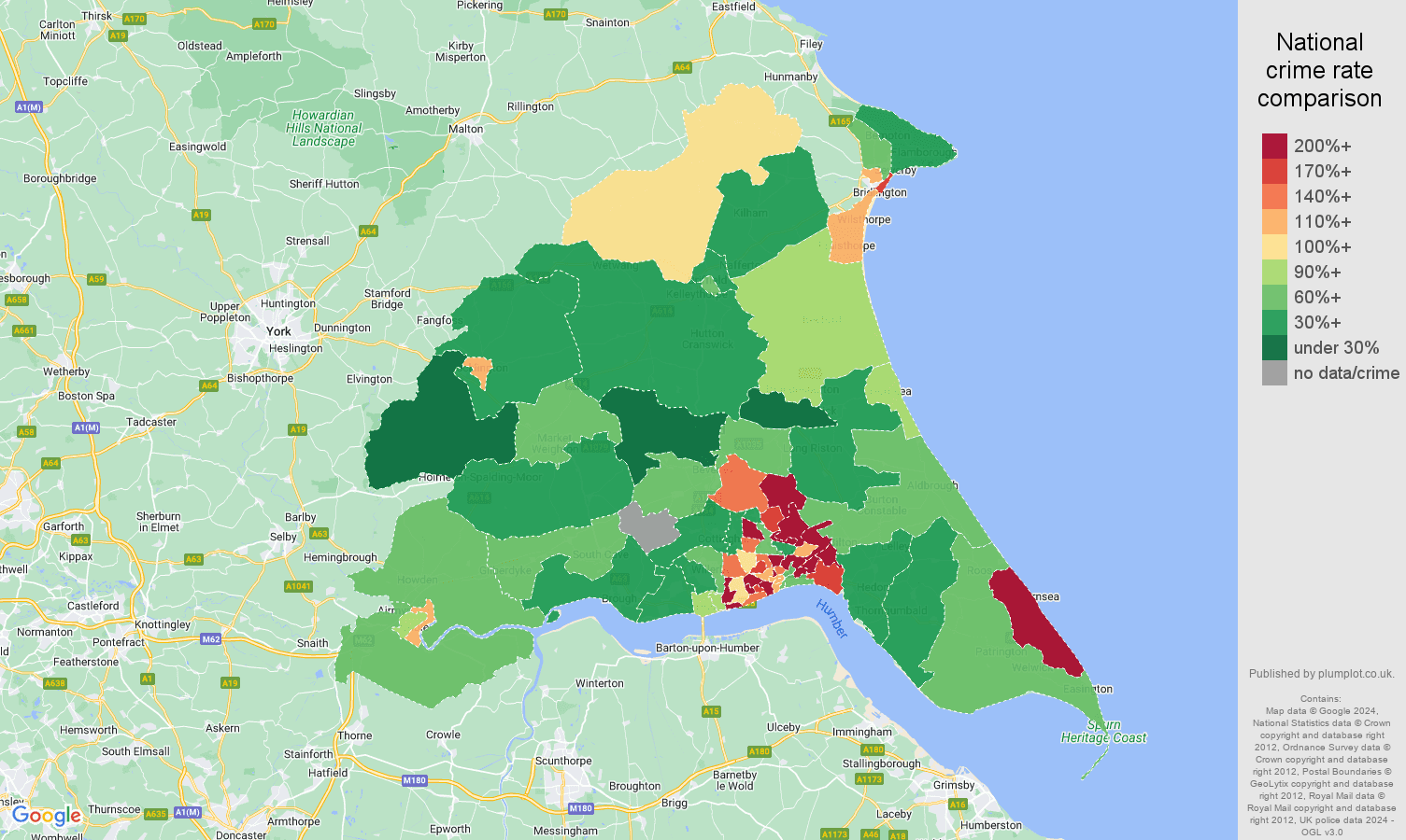 East Riding of Yorkshire criminal damage and arson crime rate comparison map